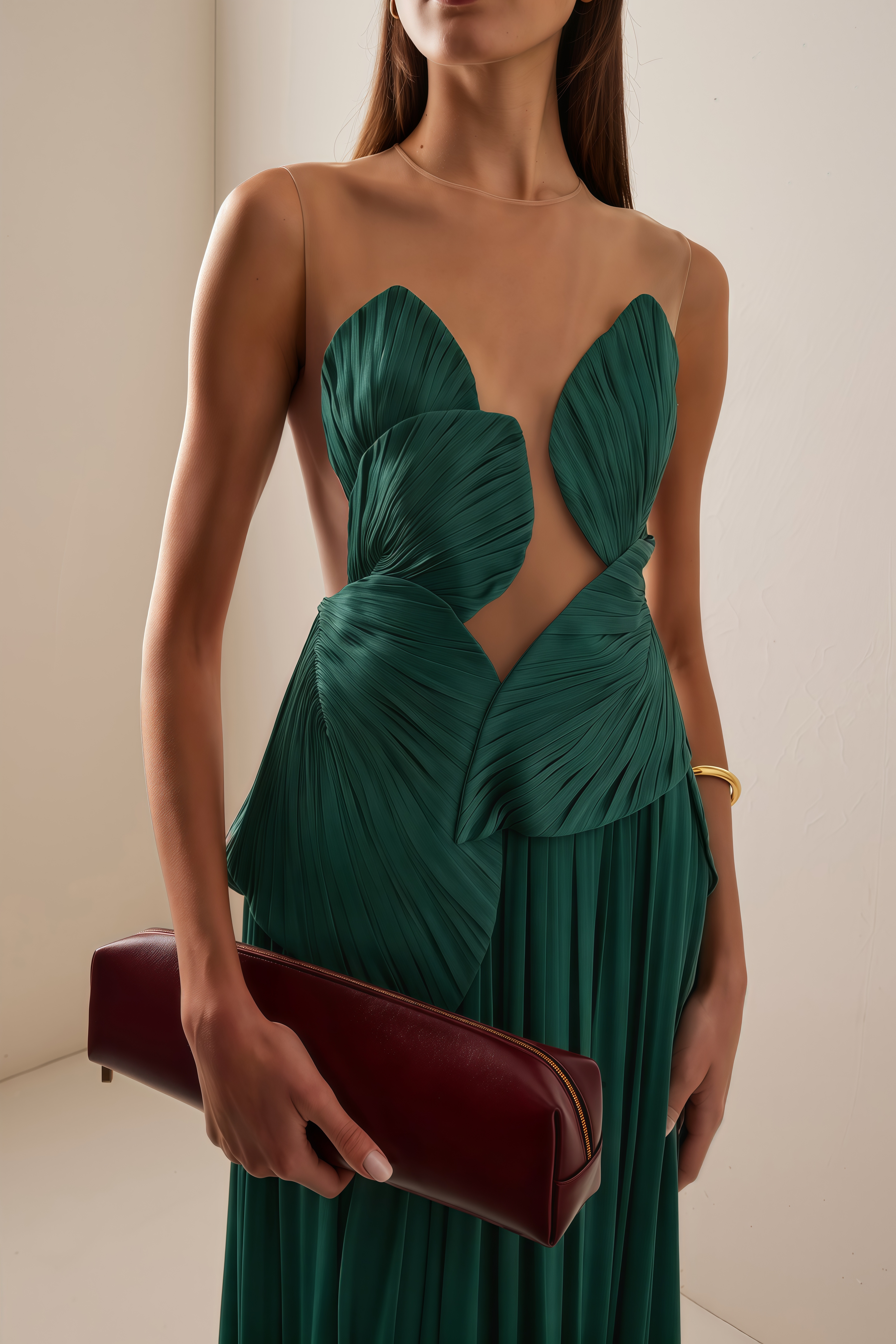 Emerald green pleated maxi dress featuring a structured geometric bodice with a sheer mesh illusion neckline