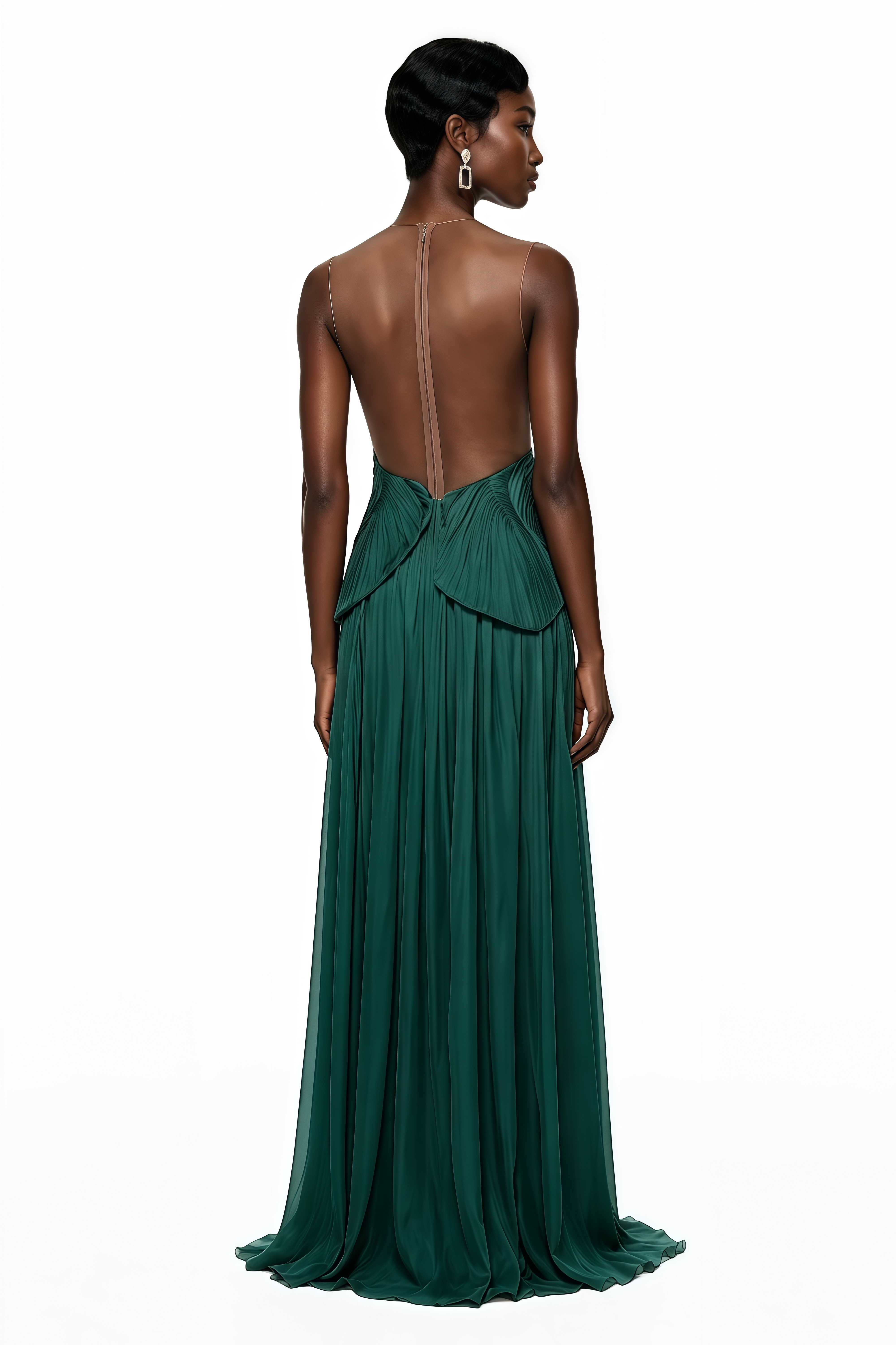Emerald green pleated maxi dress featuring a structured geometric bodice with a sheer mesh illusion neckline