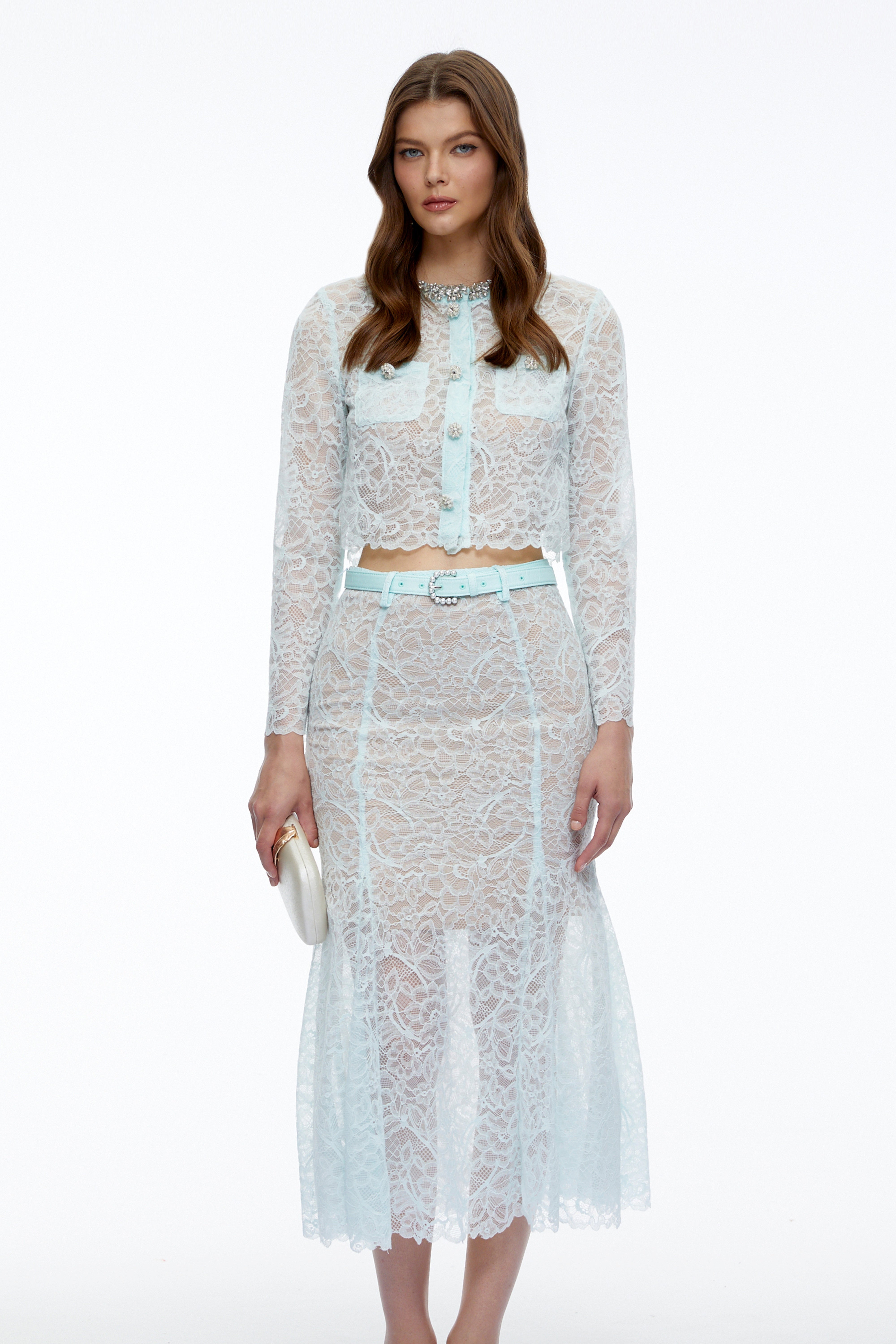 Darlene Mint Green Long Sleeves Lace Blouse & Skirt Set