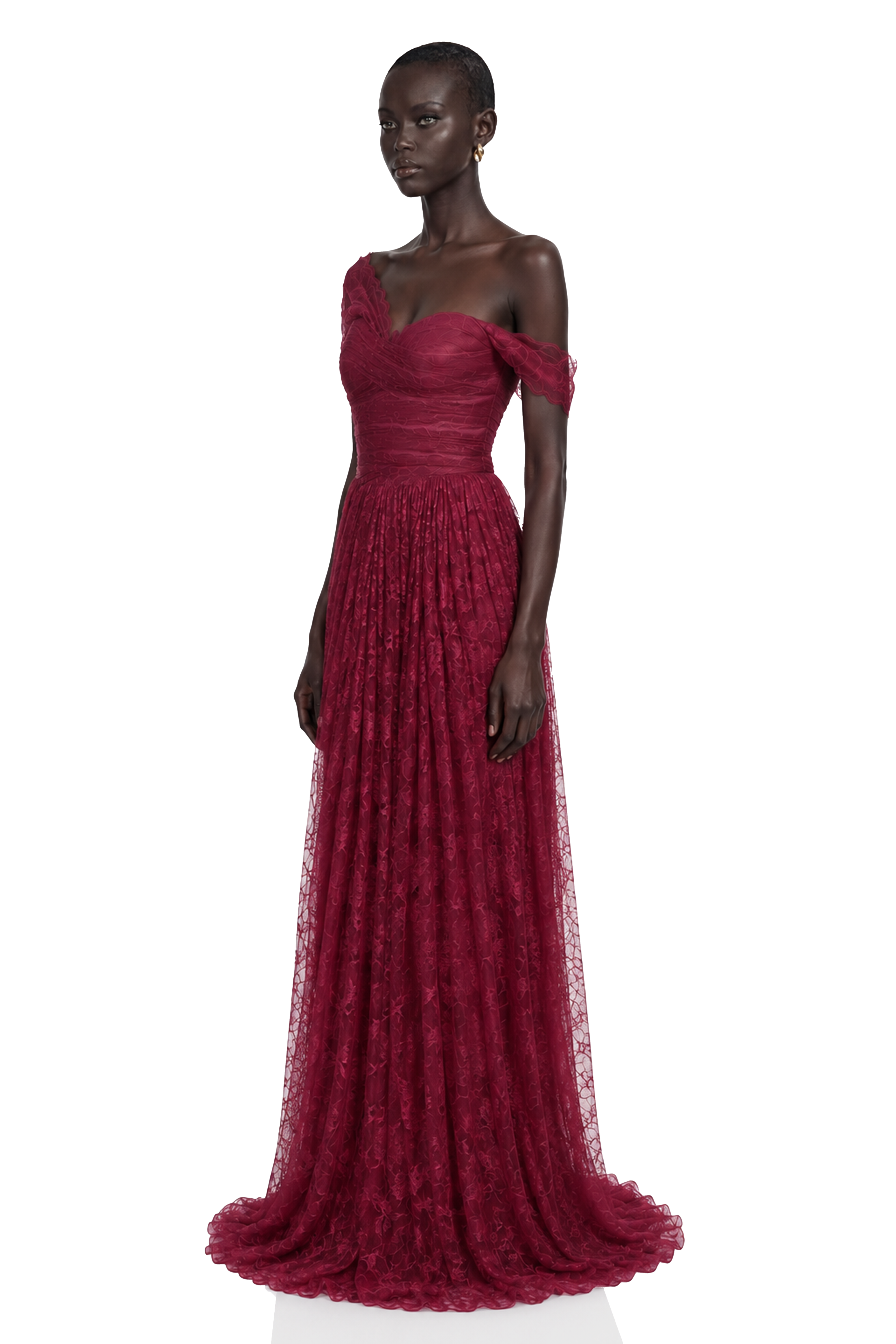 Magenta lace off-the-shoulder gown with a draped bodice