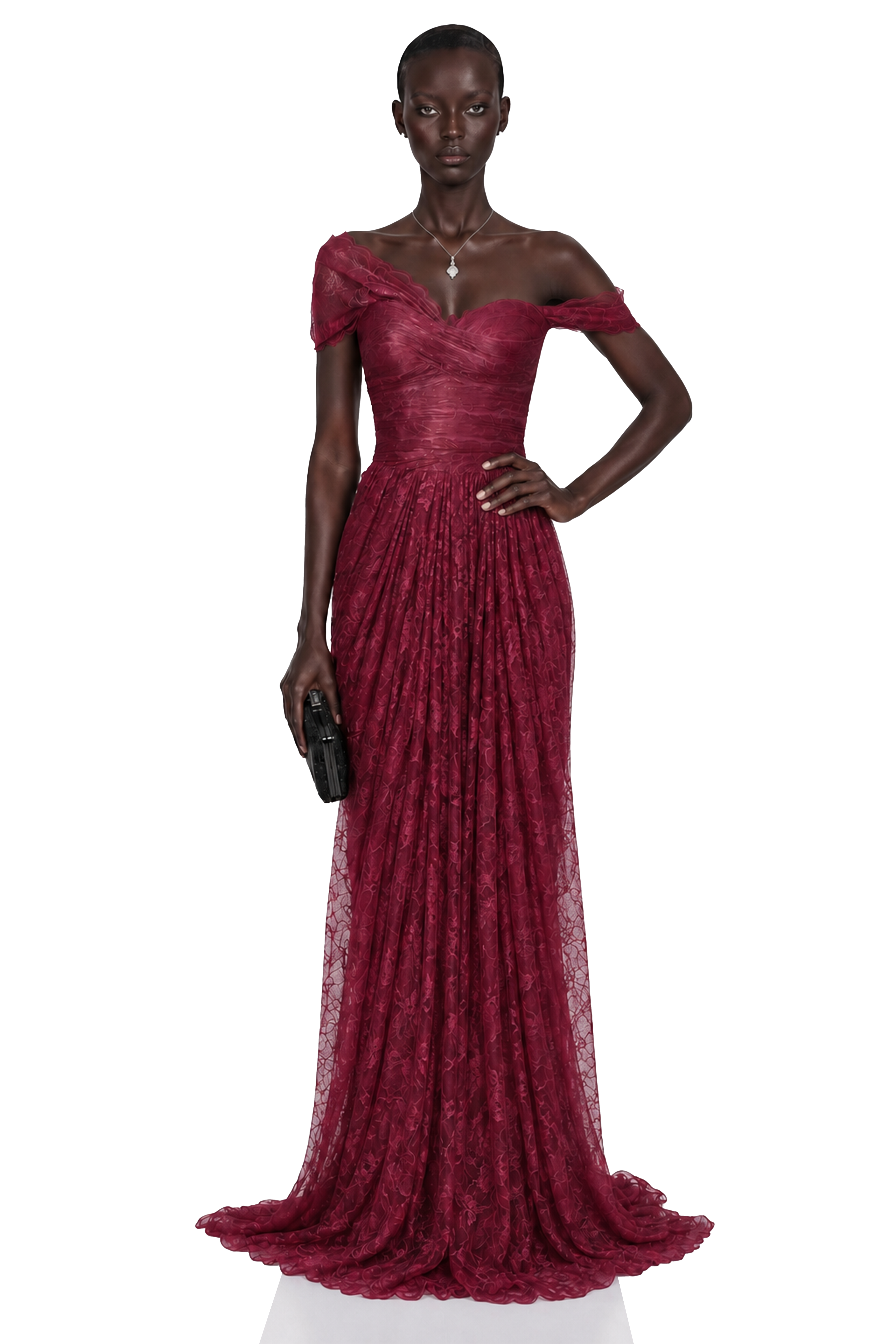 Magenta lace off-the-shoulder gown with a draped bodice