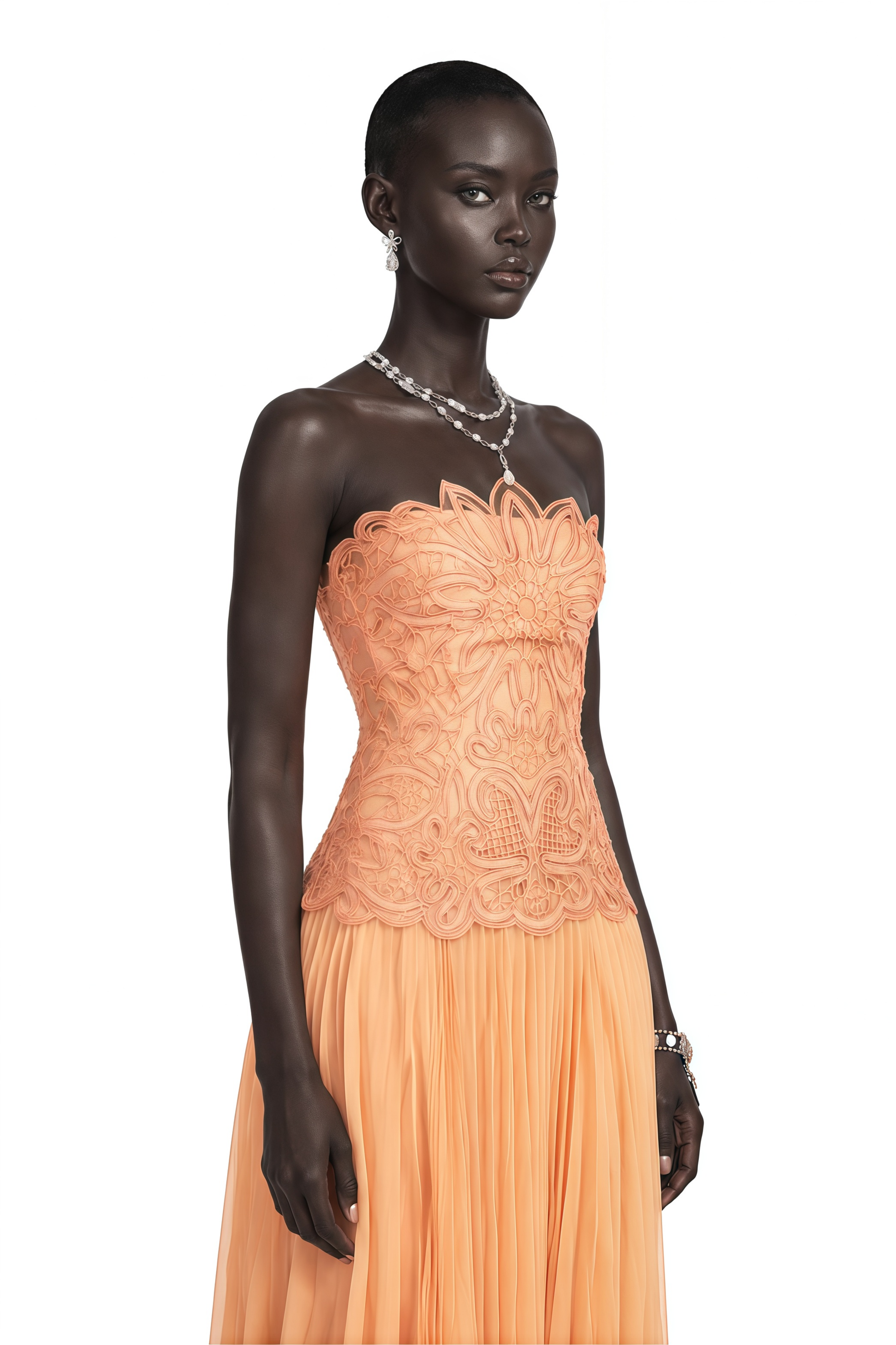 Defne Orange Pleated Maxi Dress with Floral Applique