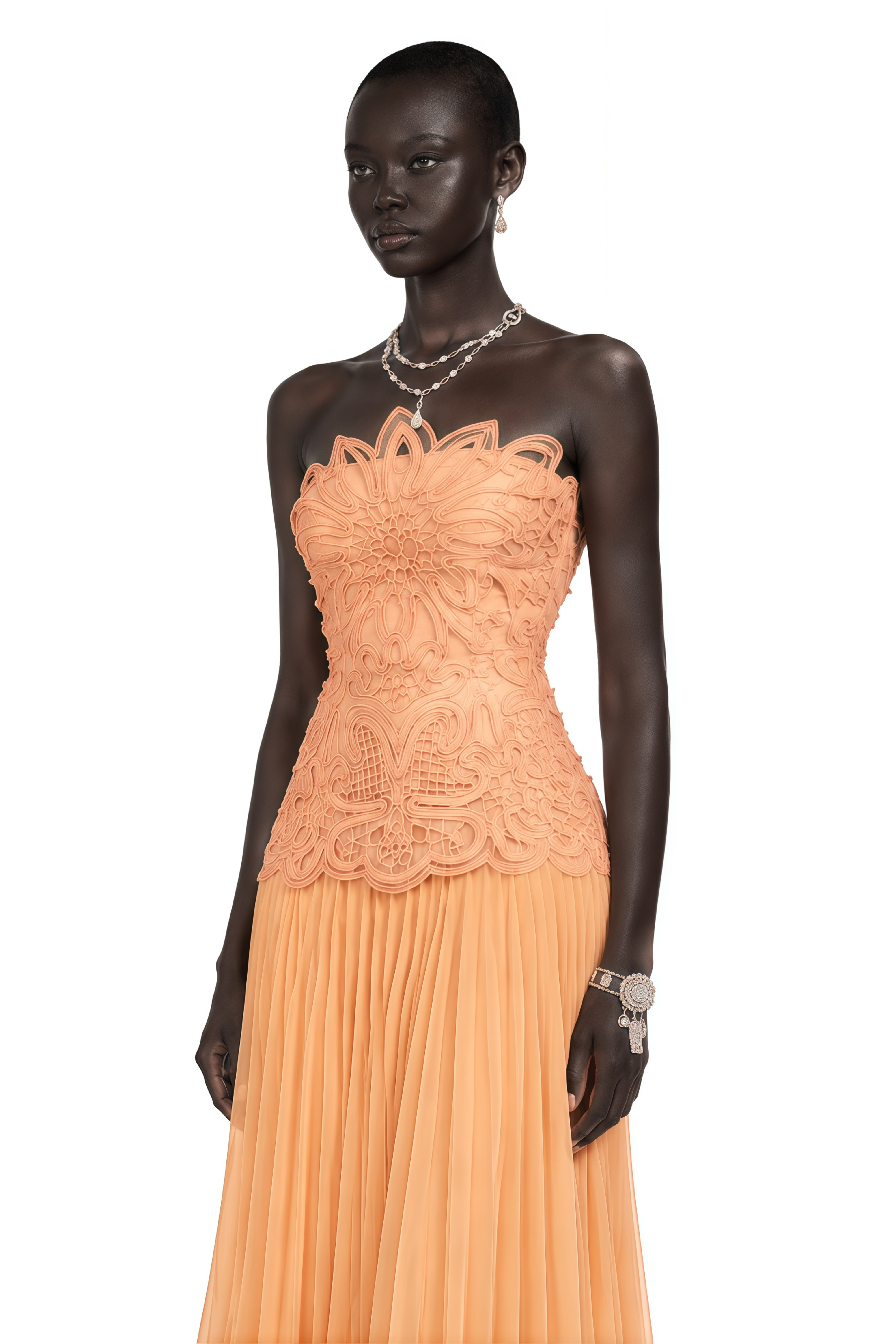 Defne Orange Pleated Maxi Dress with Floral Applique