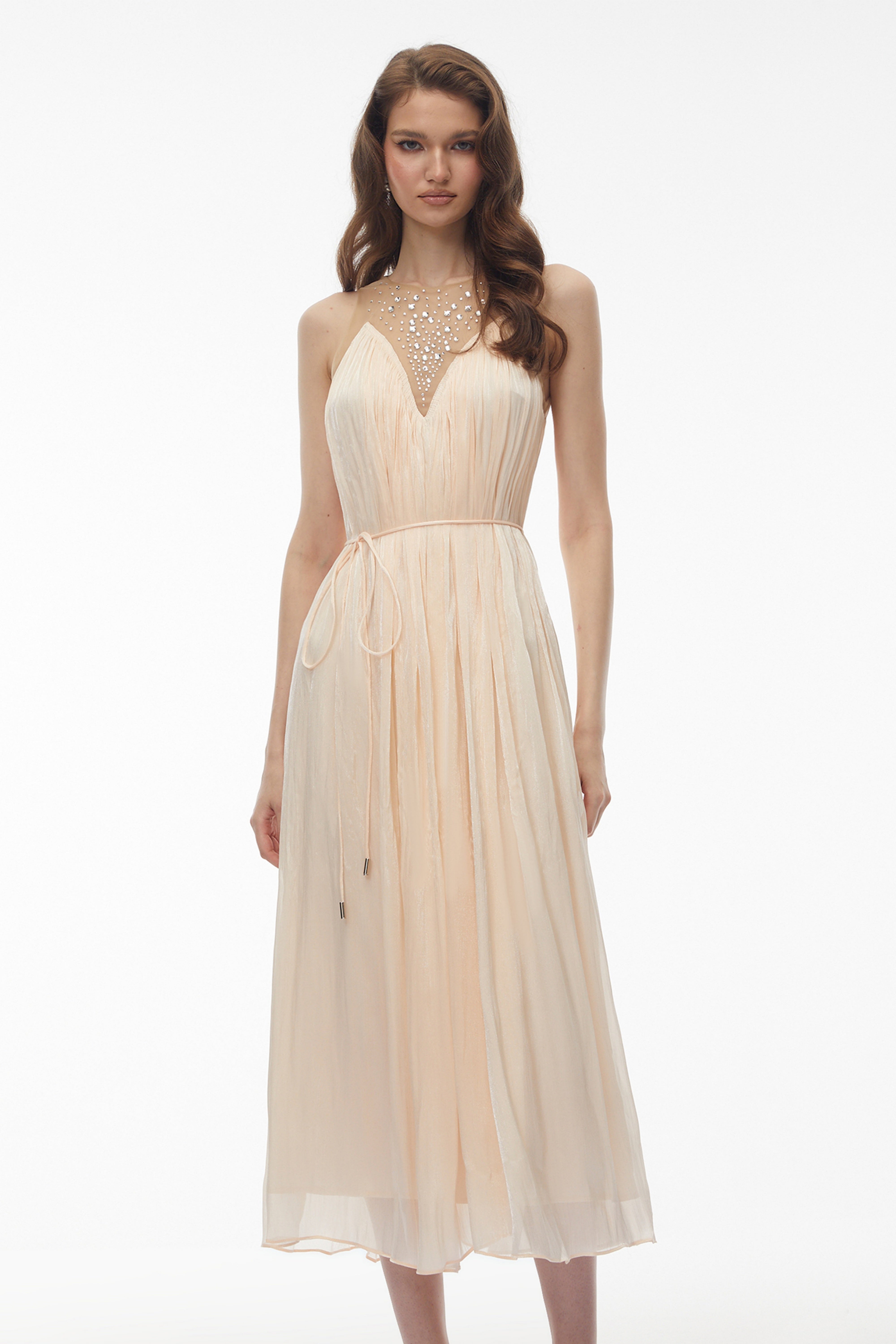 Deirdre Pink Embellishment Ruched Midi Dress (Final Sale)