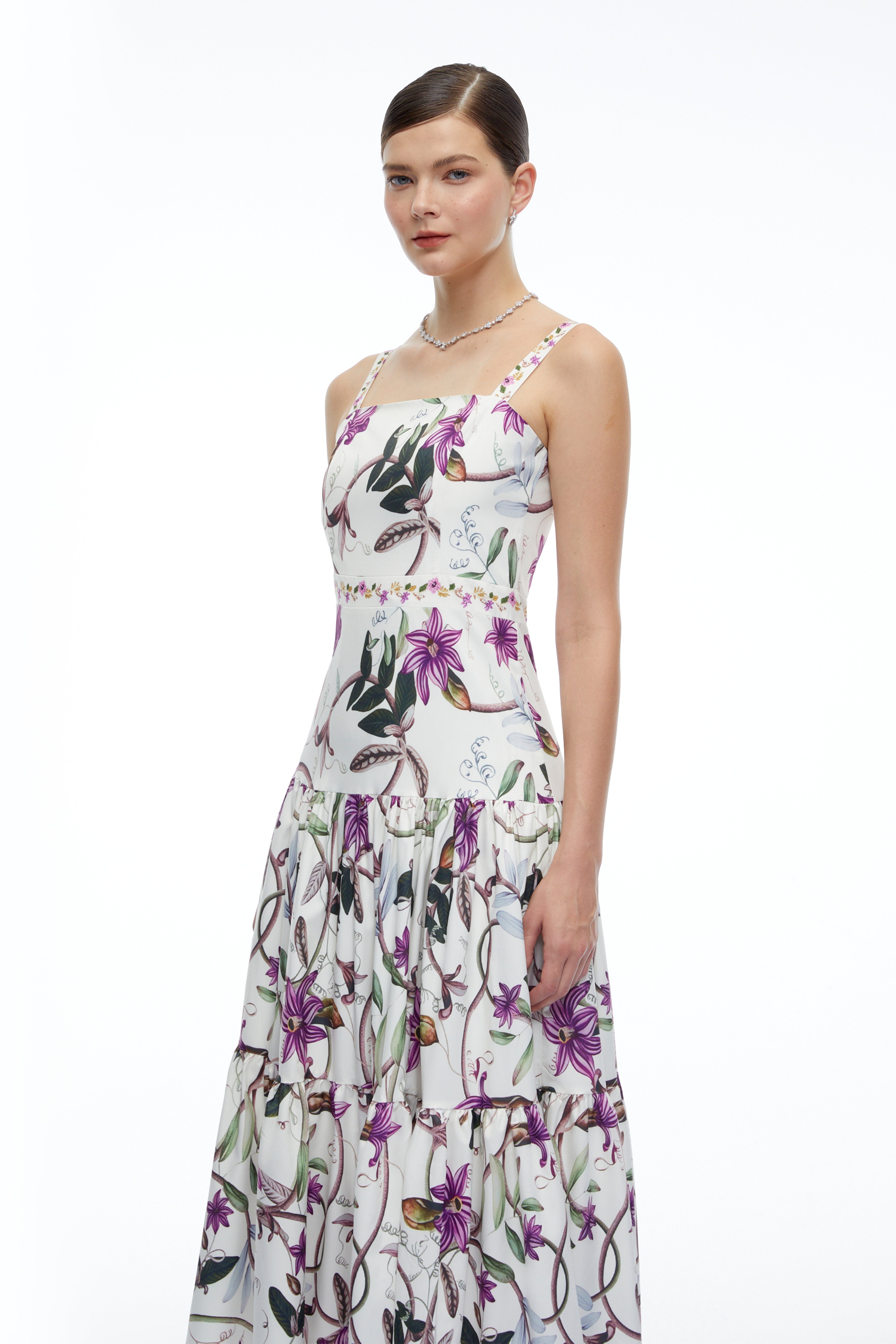 Delilah White Floral Print Midi Dress with Spaghetti Straps