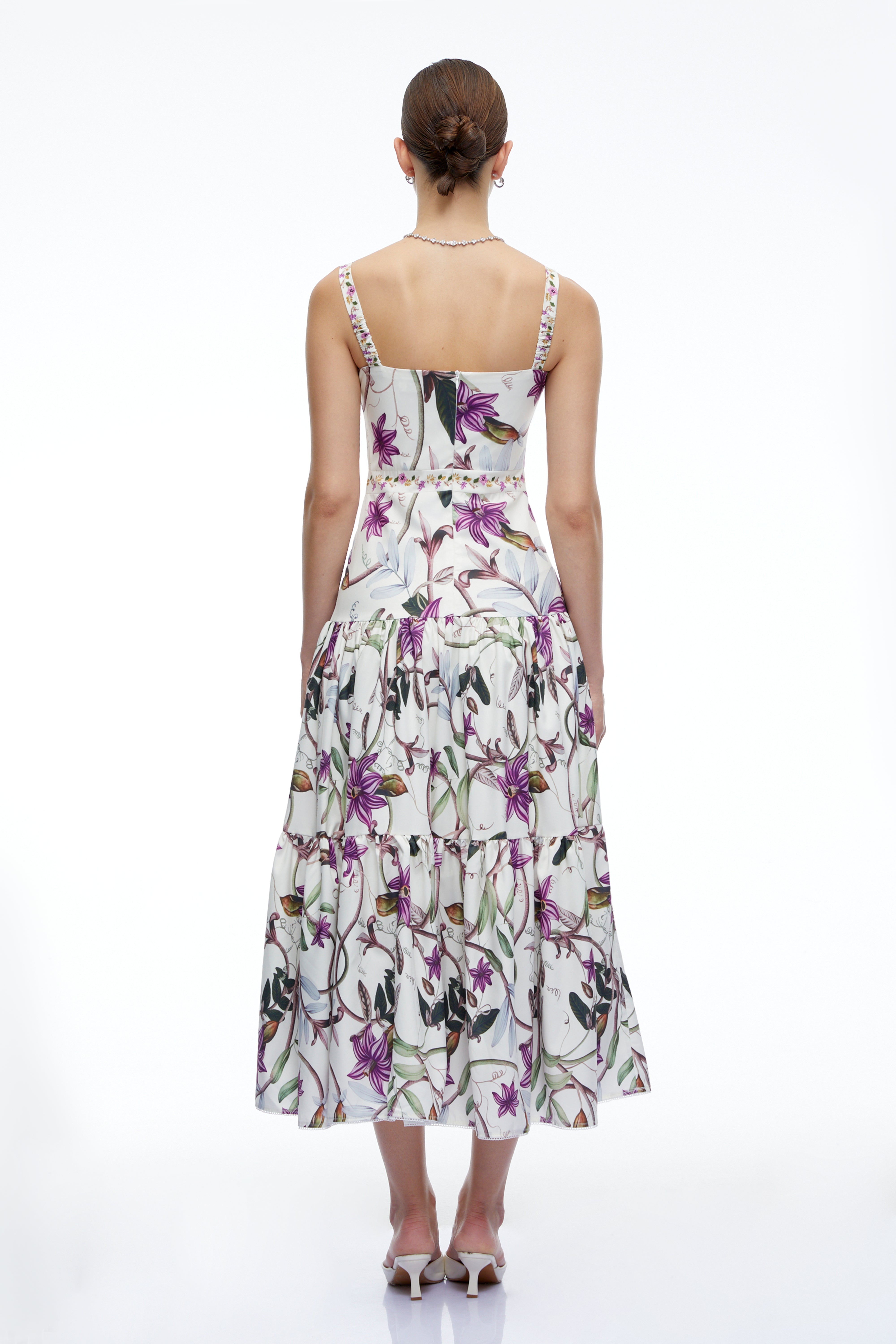 Delilah White Floral Print Midi Dress with Spaghetti Straps