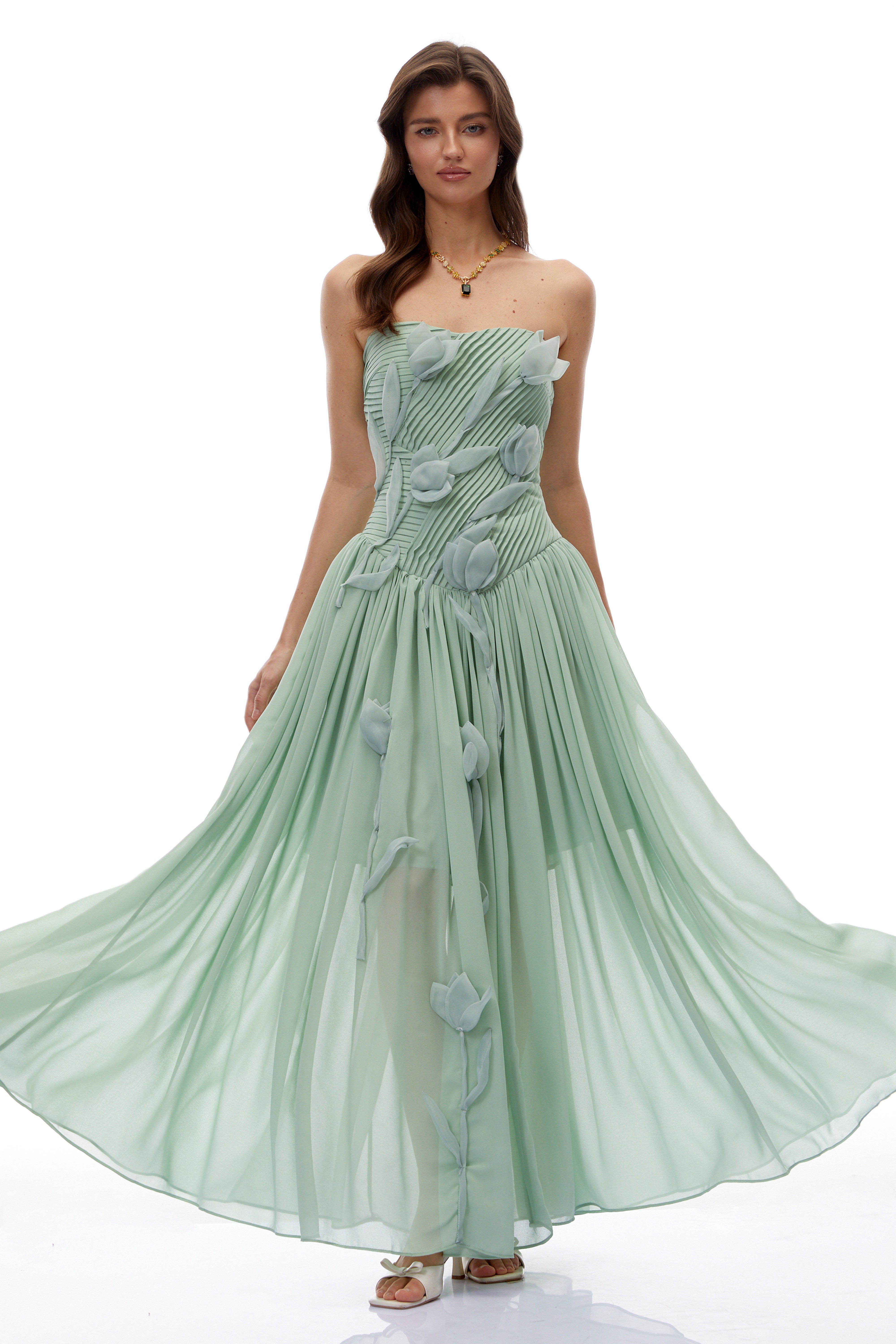 Delphine Green Ruched Maxi Dress with 3D Florals
