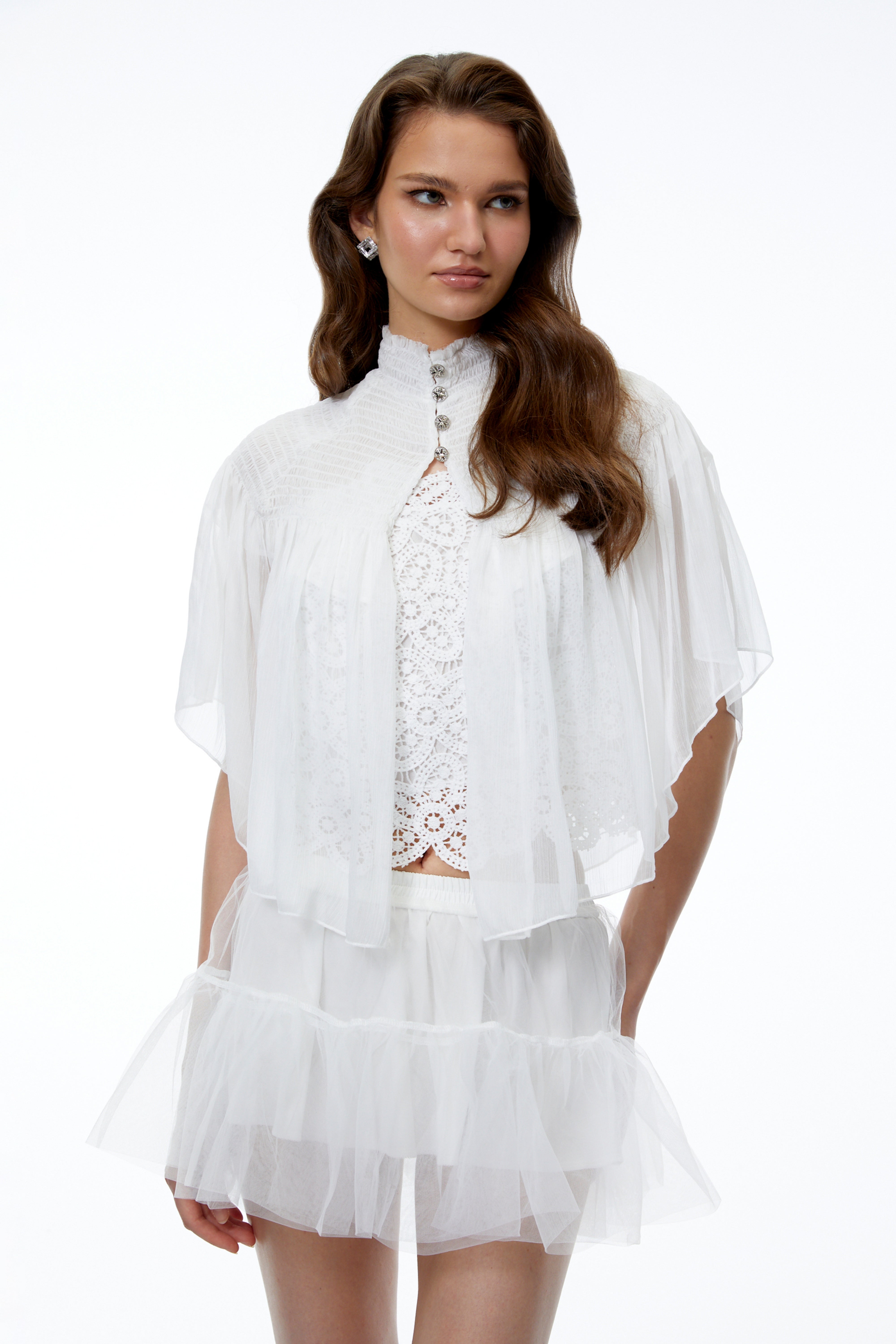 Delphine White Mock Neck Pleated Crop Cape
