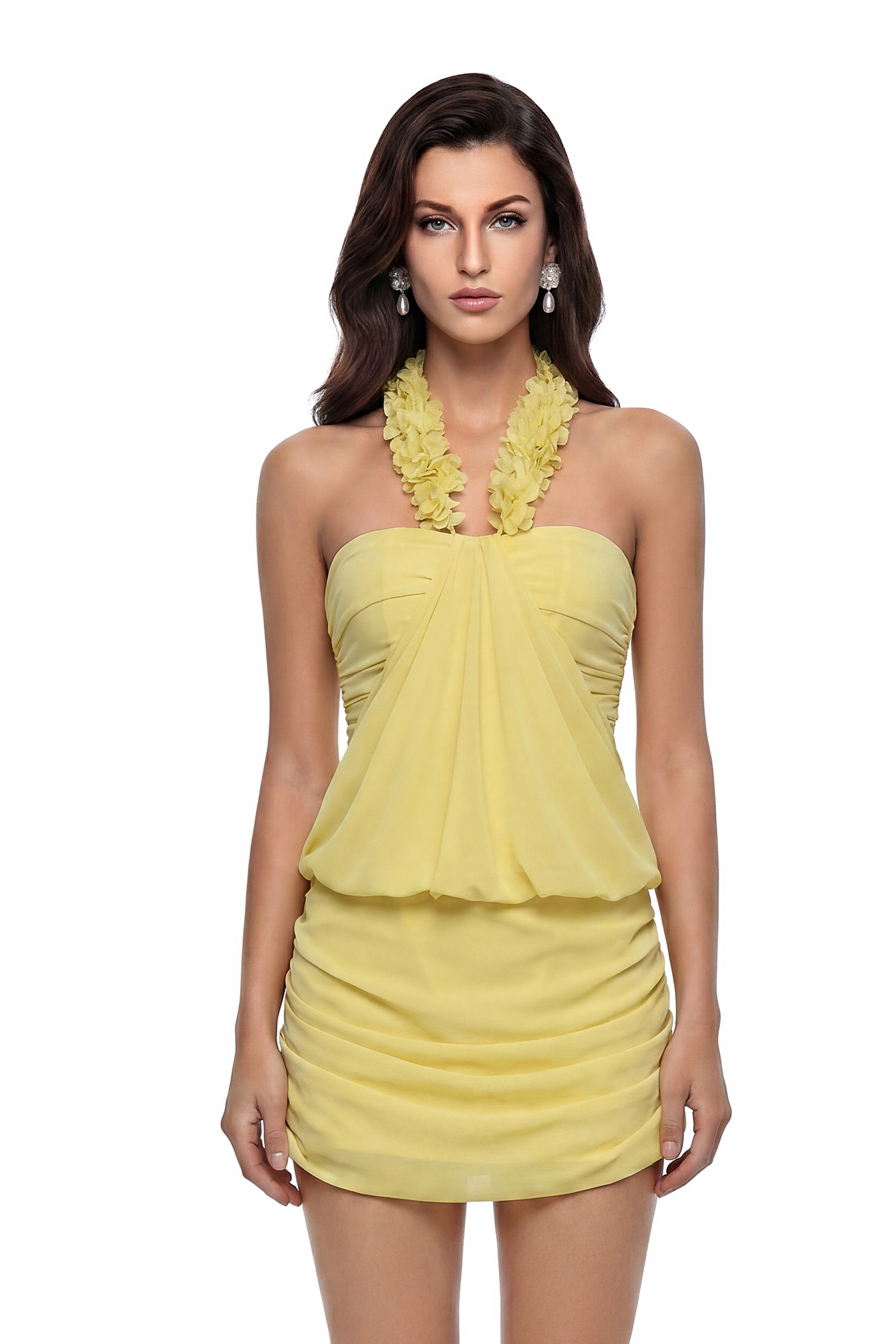 Destiny Yellow Off Shoulder Ruched Mini Dress