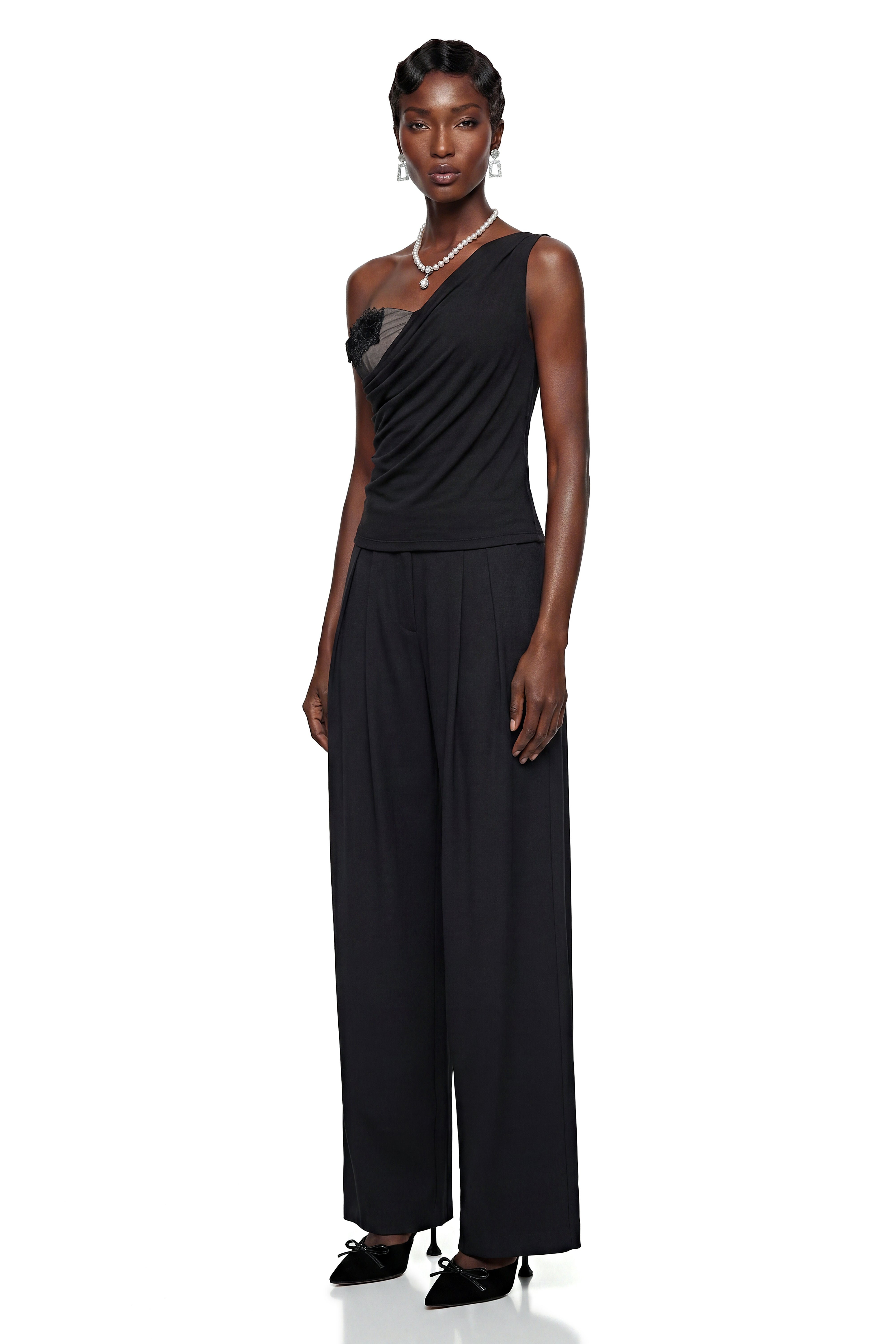 Diana Black Asymmetrical Floral Lace Top