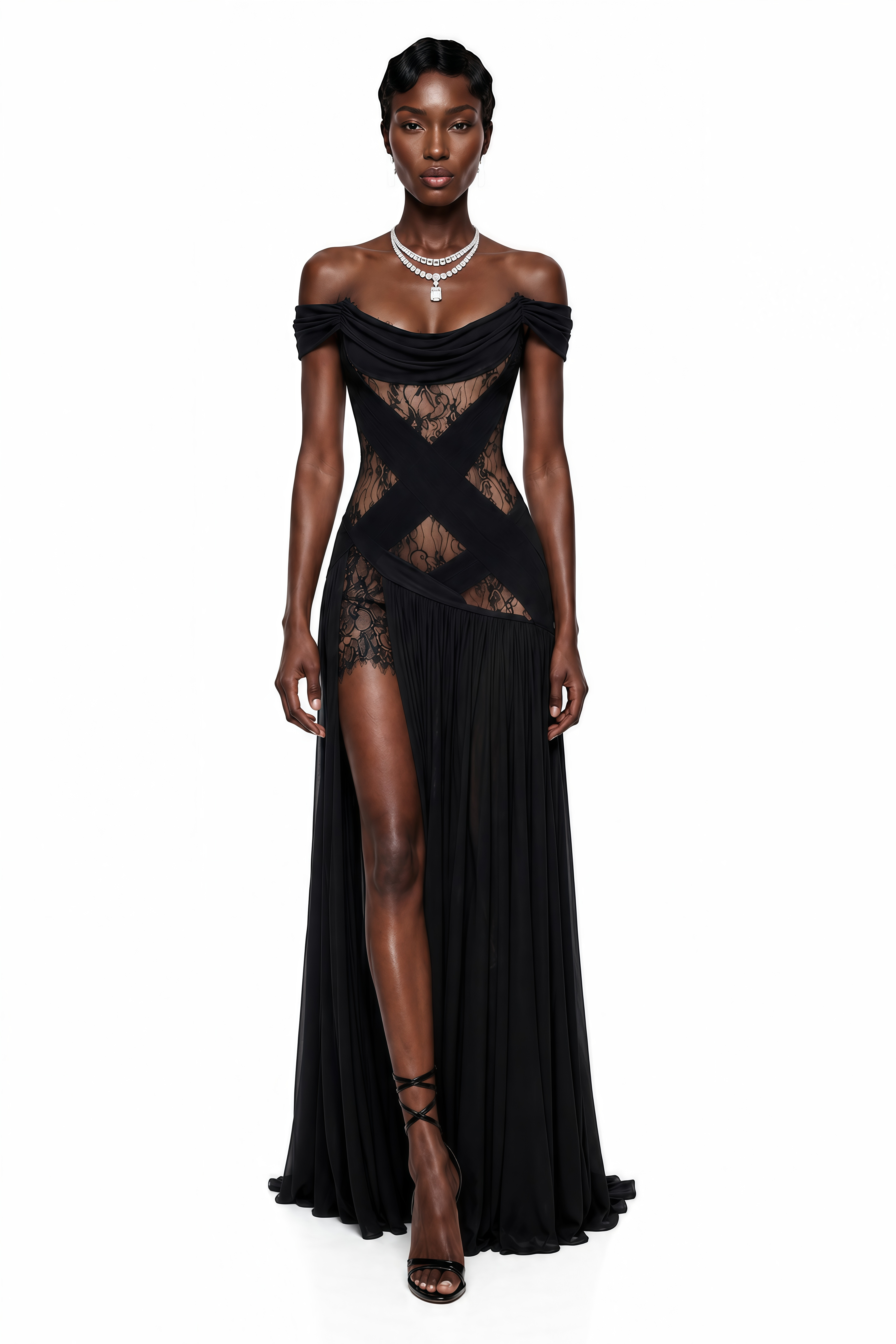 Black off-the-shoulder maxi dress with a draped neckline, crisscross sheer lace bodice, and high leg slit