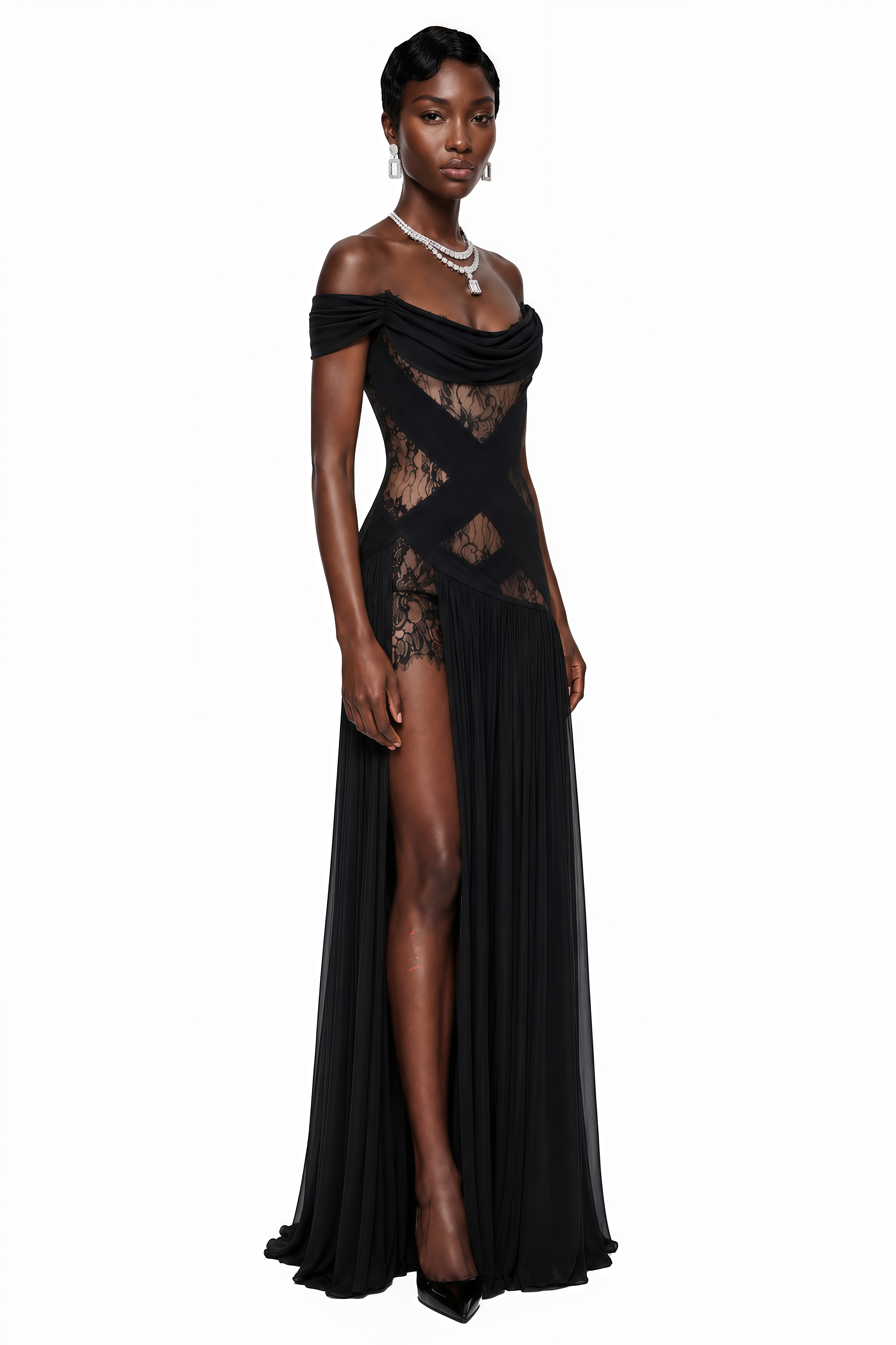 Black off-the-shoulder maxi dress with a draped neckline, crisscross sheer lace bodice, and high leg slit