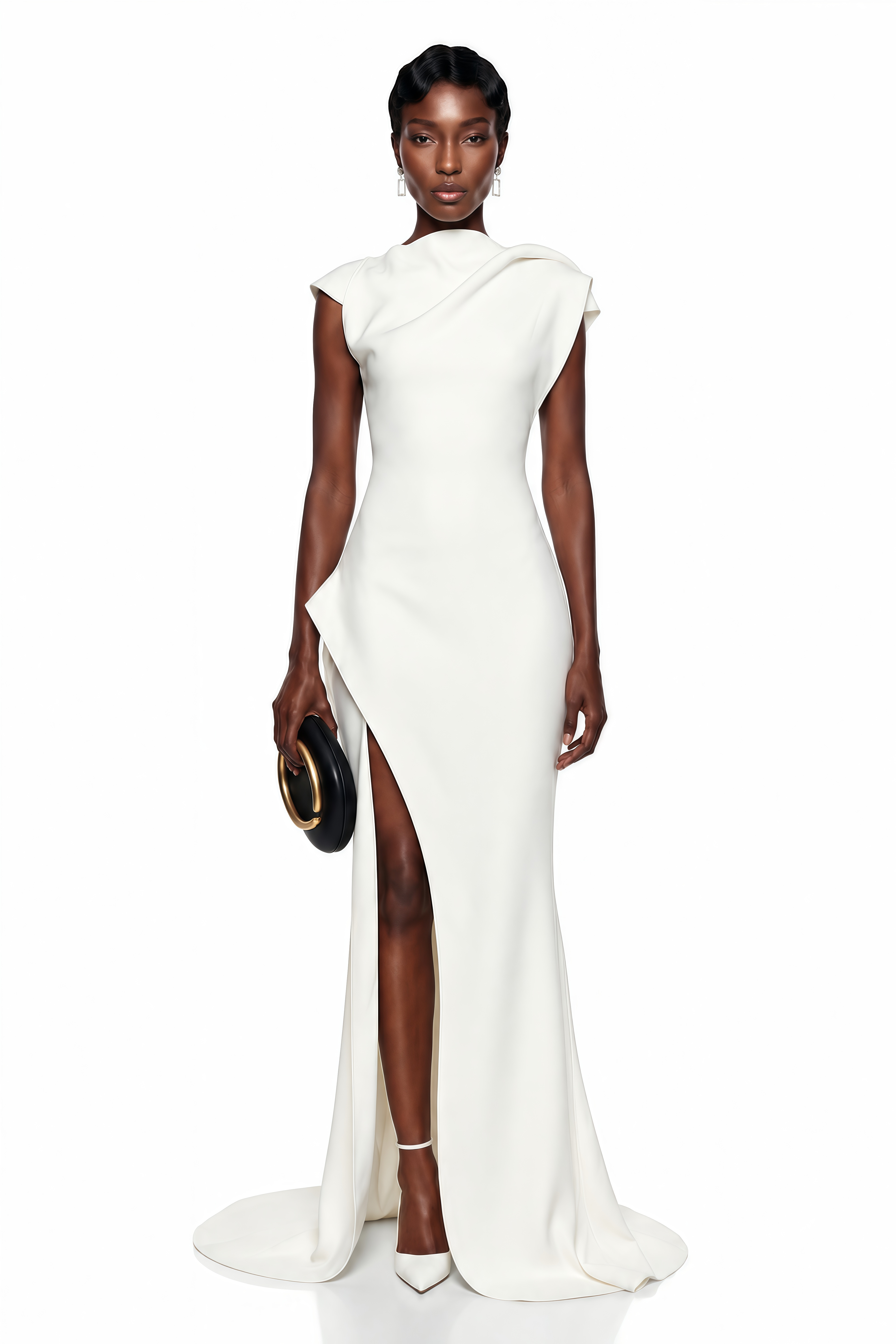 White maxi dress with a draped high neckline, cap sleeves, asymmetric hip fold, and high leg slit