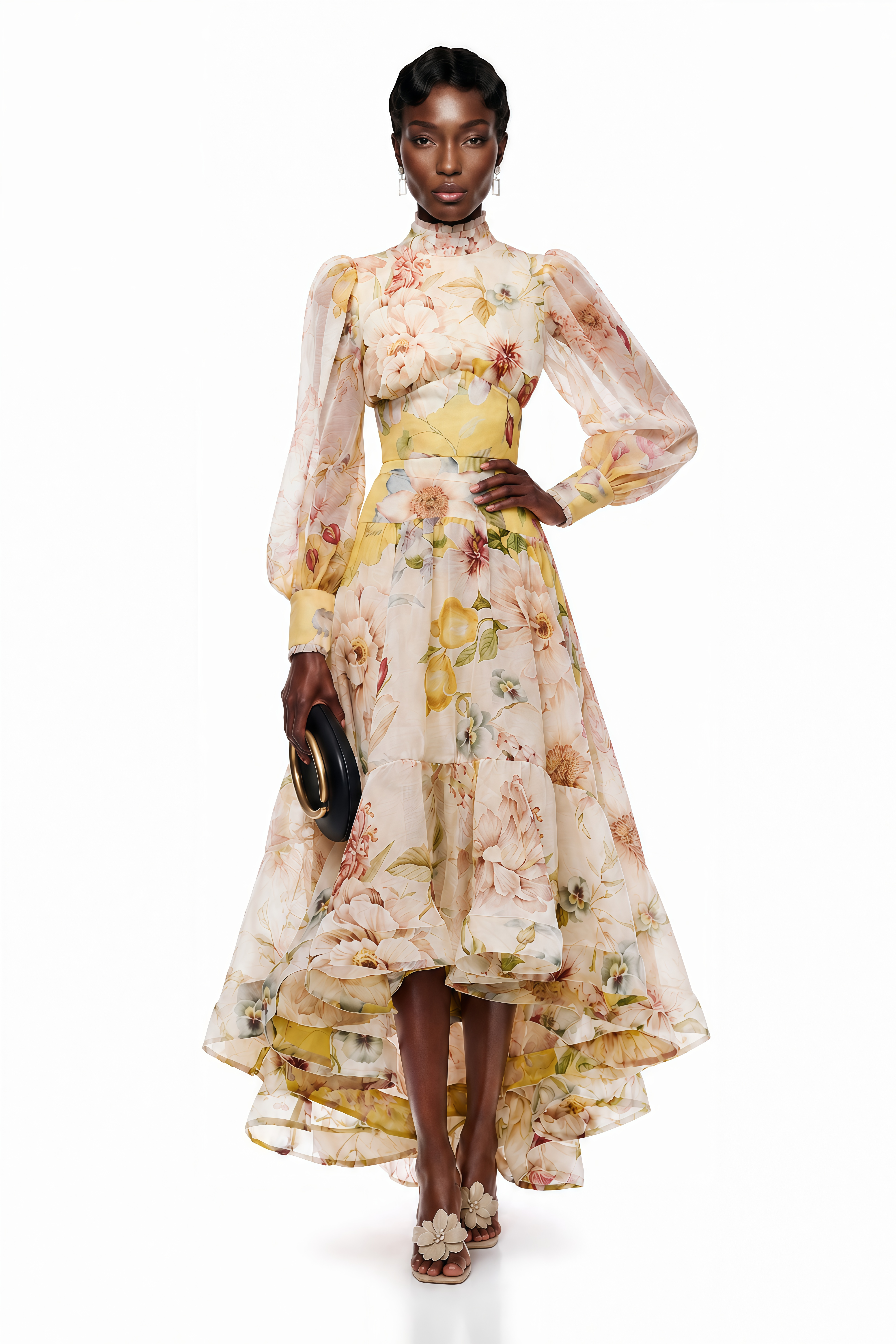 Yellow floral long-sleeve high-neck dress with high-low tiered skirt