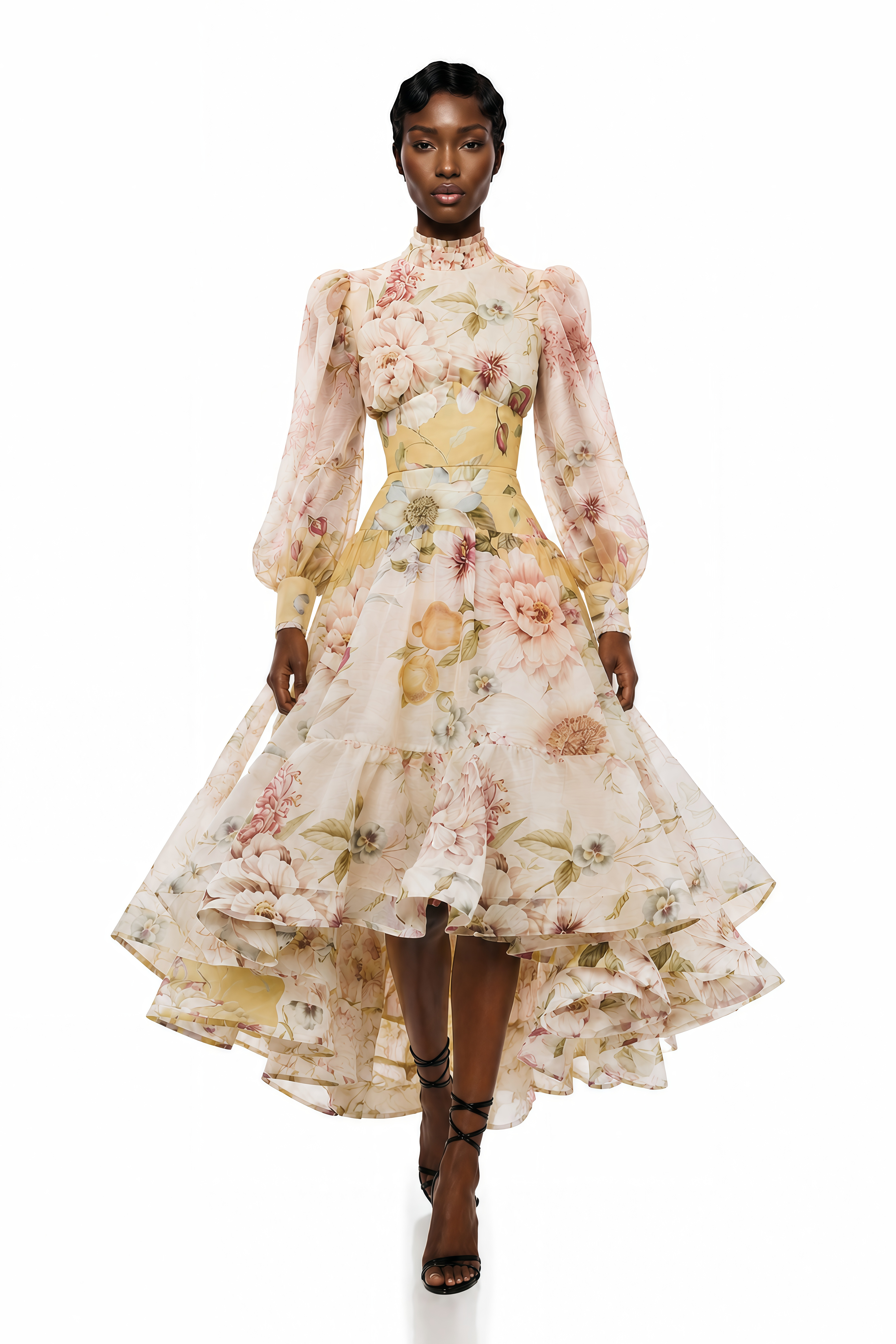 Yellow floral long-sleeve high-neck dress with high-low tiered skirt