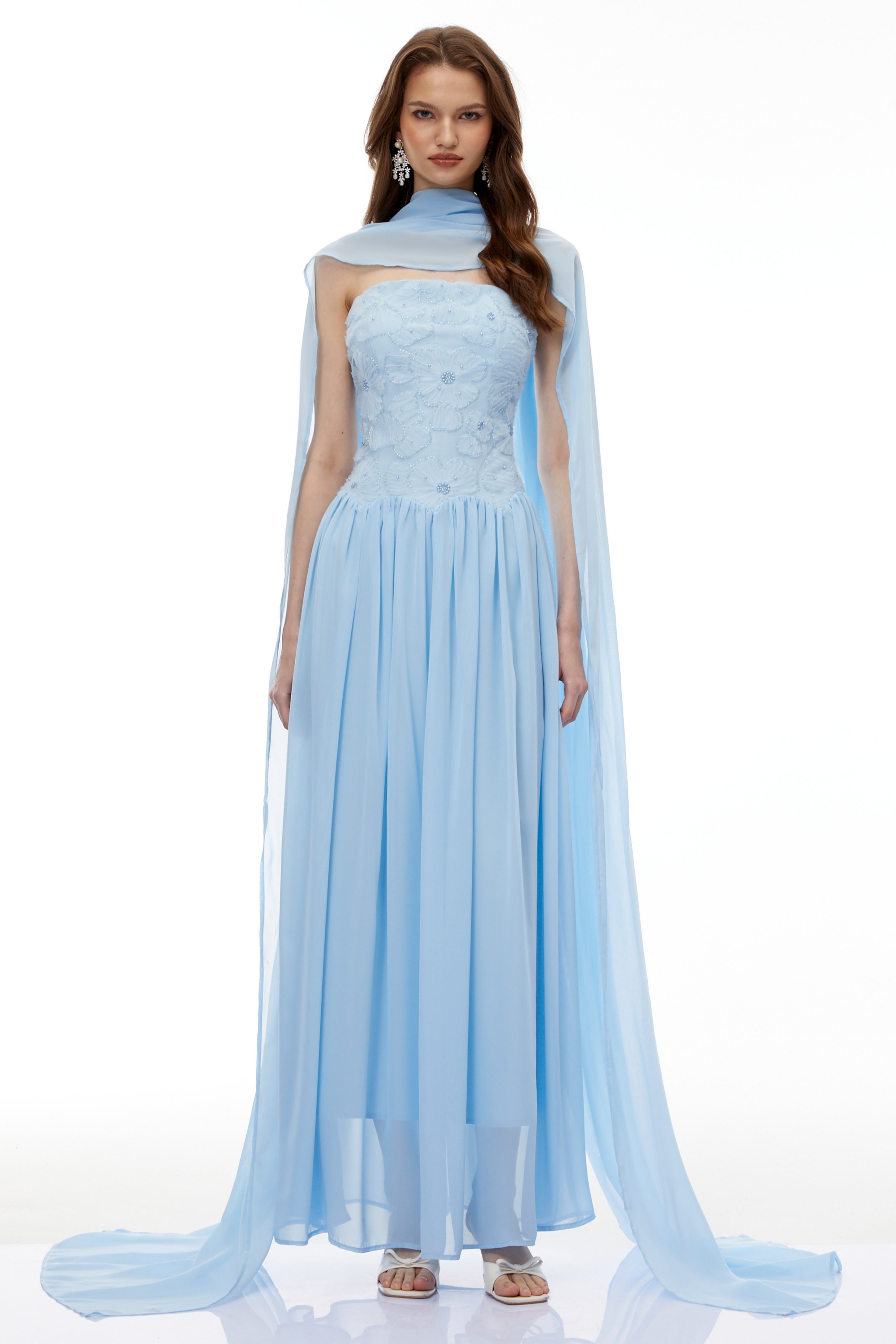 Dobromila Blue Floral Embroidered Pleated Maxi Dress (Final Sale-US Only)