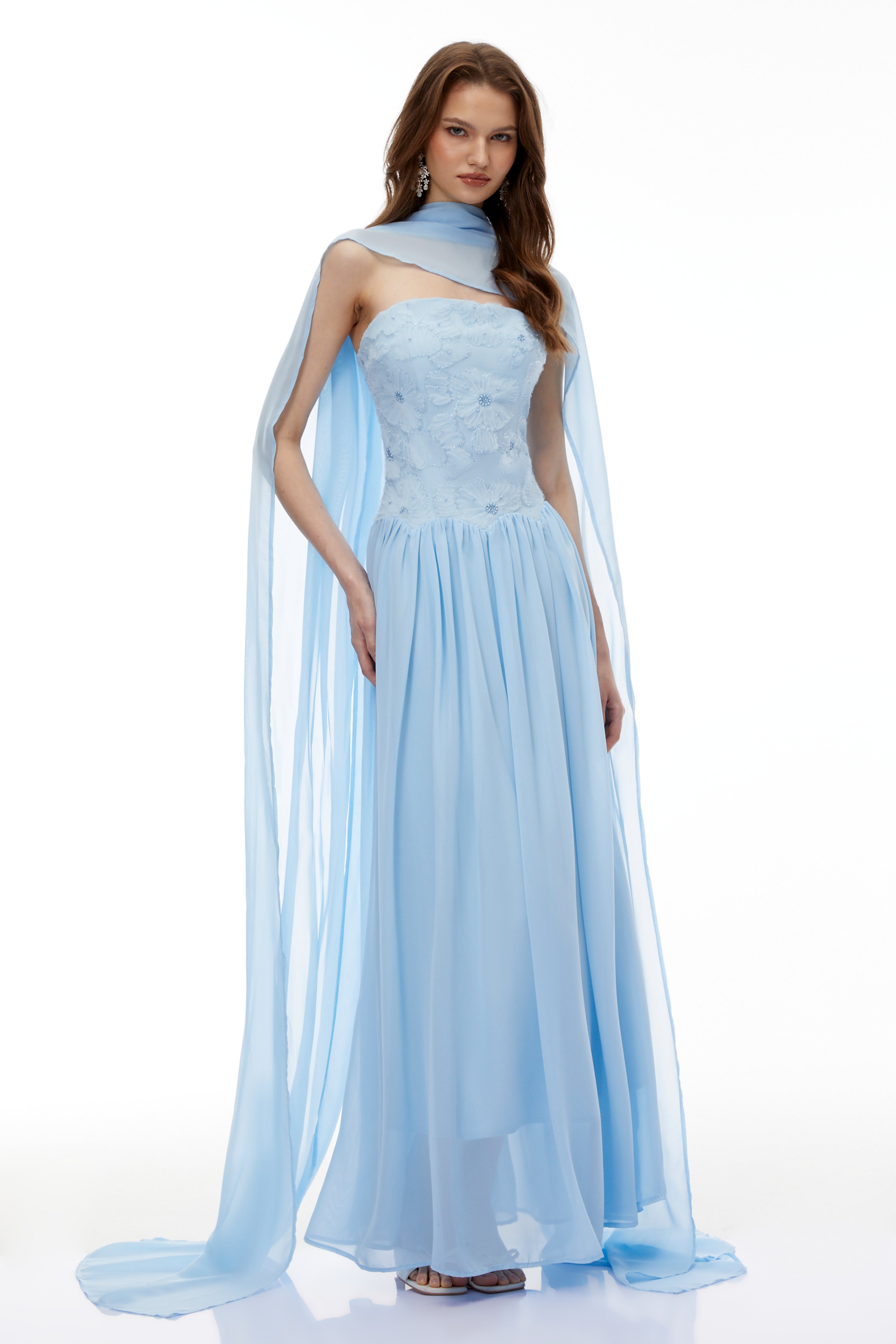 Dobromila Blue Floral Embroidered Pleated Maxi Dress (Final Sale-US Only)