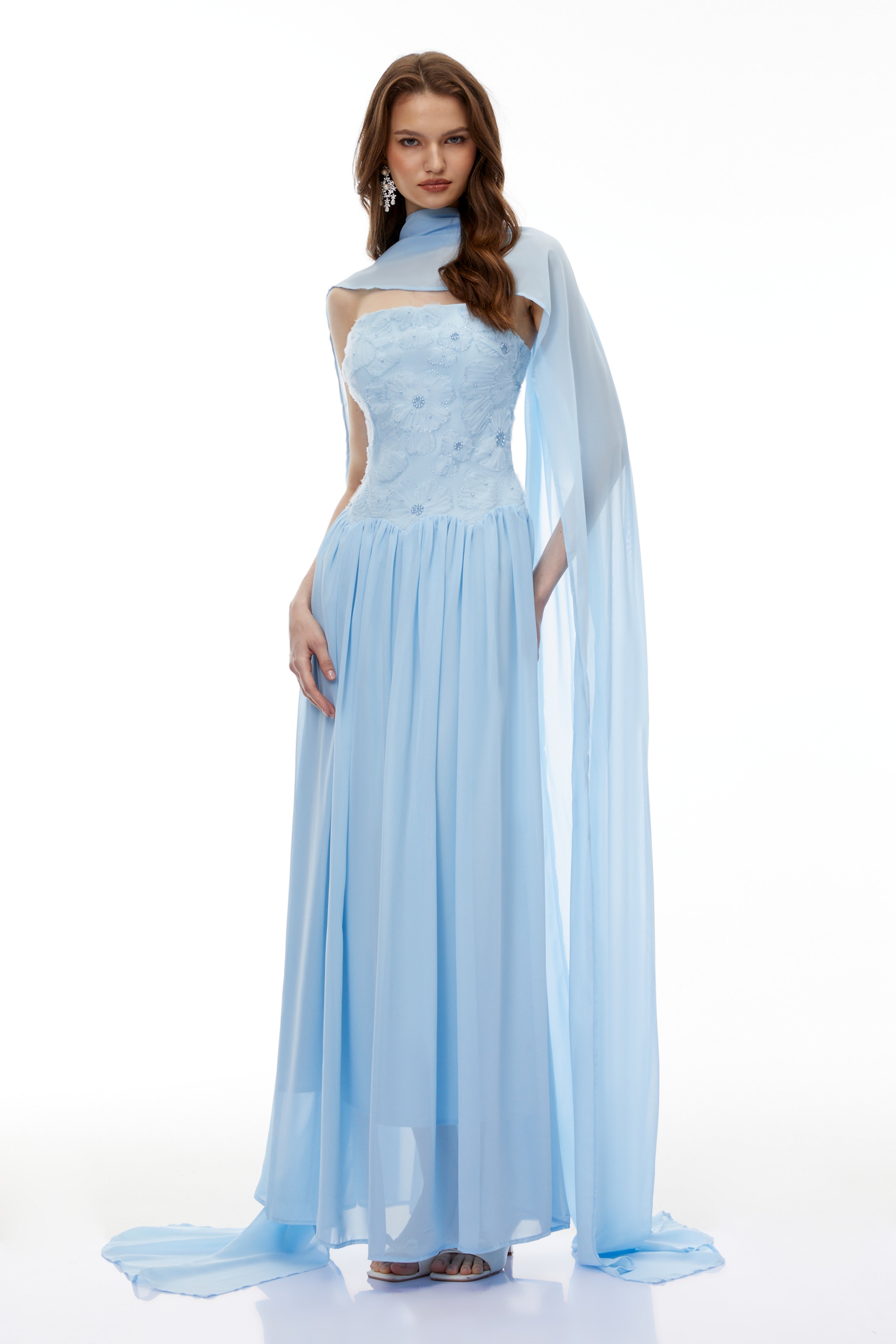 Dobromila Blue Floral Embroidered Pleated Maxi Dress (Final Sale-US Only)
