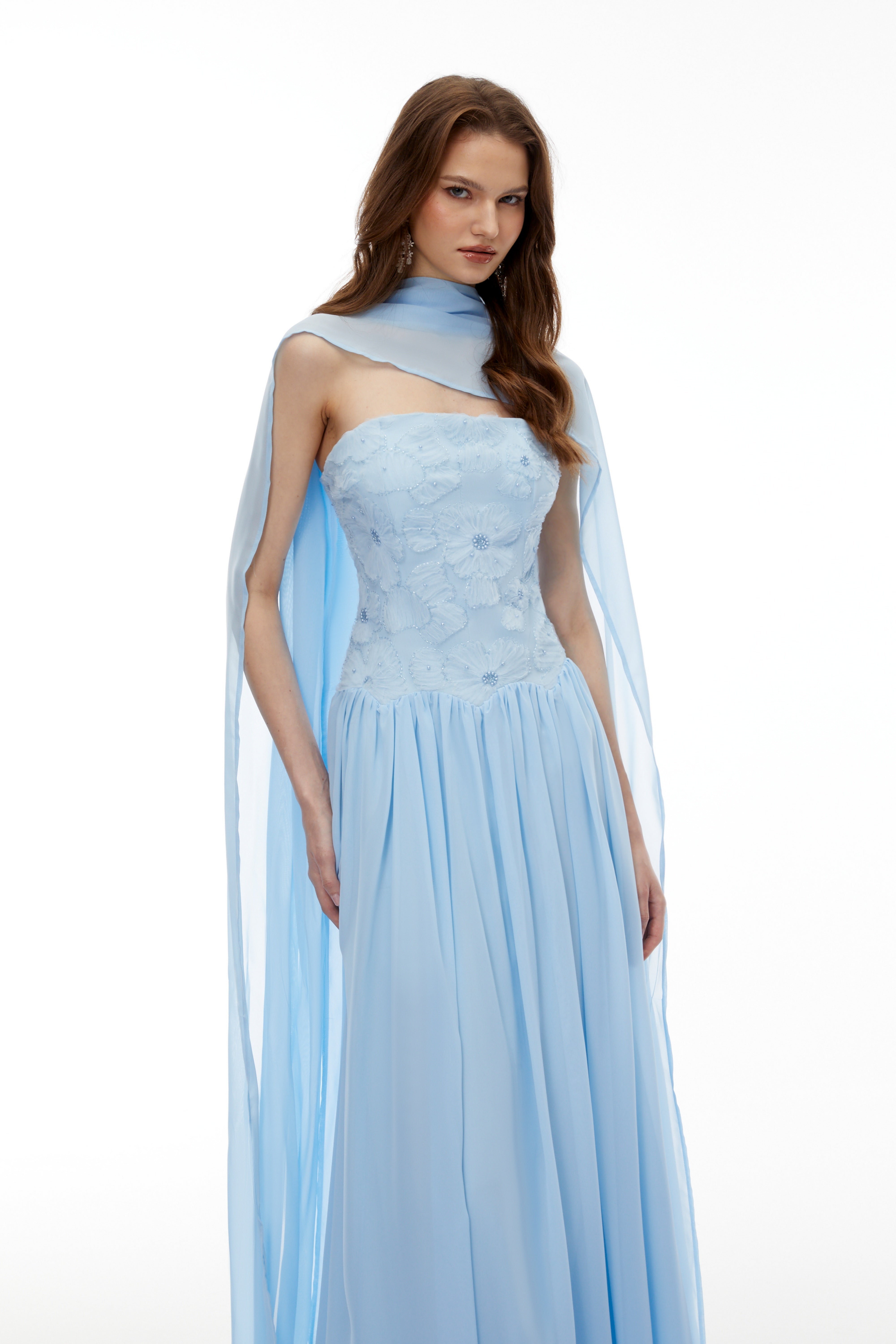 Dobromila Blue Floral Embroidered Pleated Maxi Dress (Final Sale-US Only)