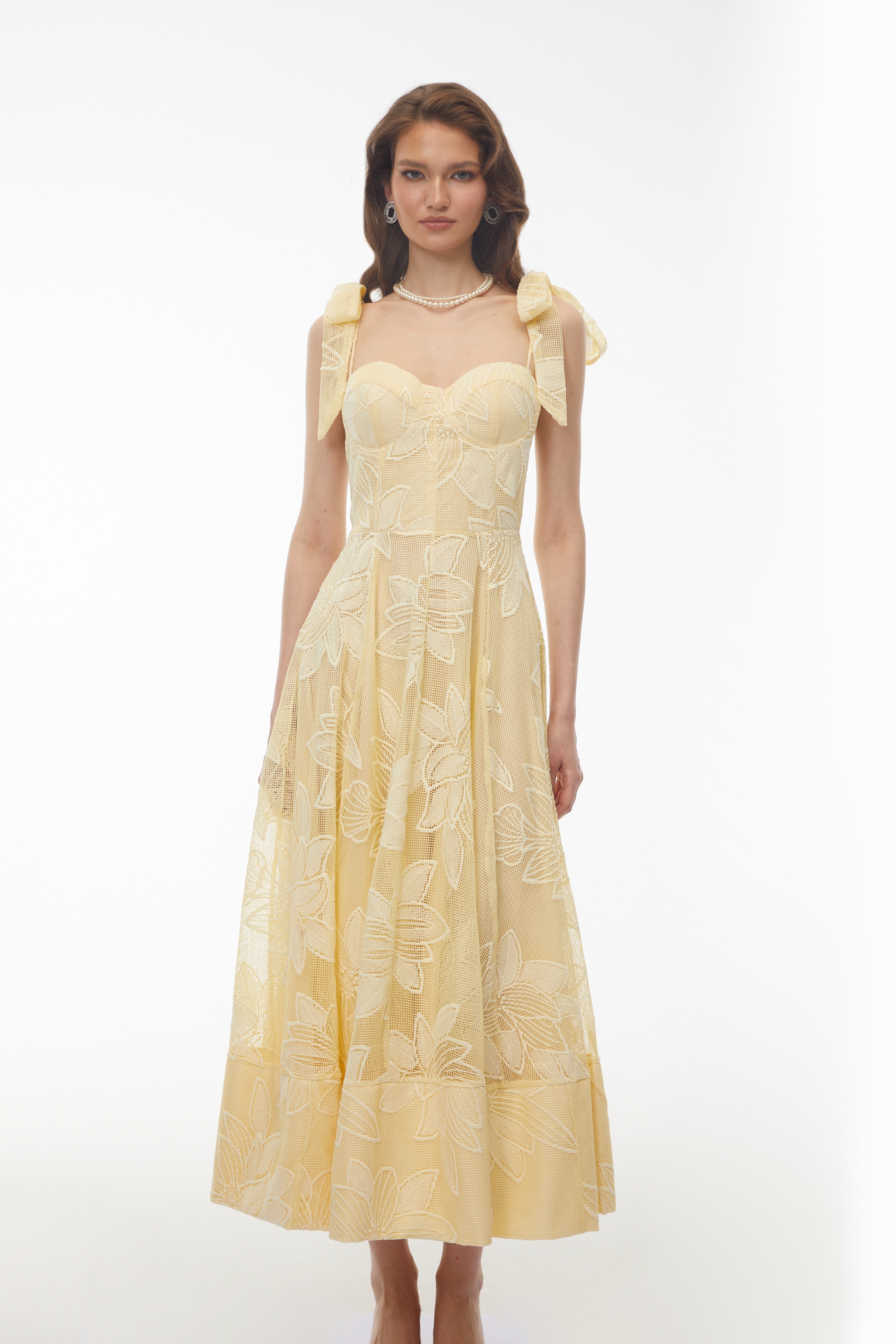 Doris Butter Yellow Sweetheart Floral Embroidered Maxi Dress (Final Sale-US Only)