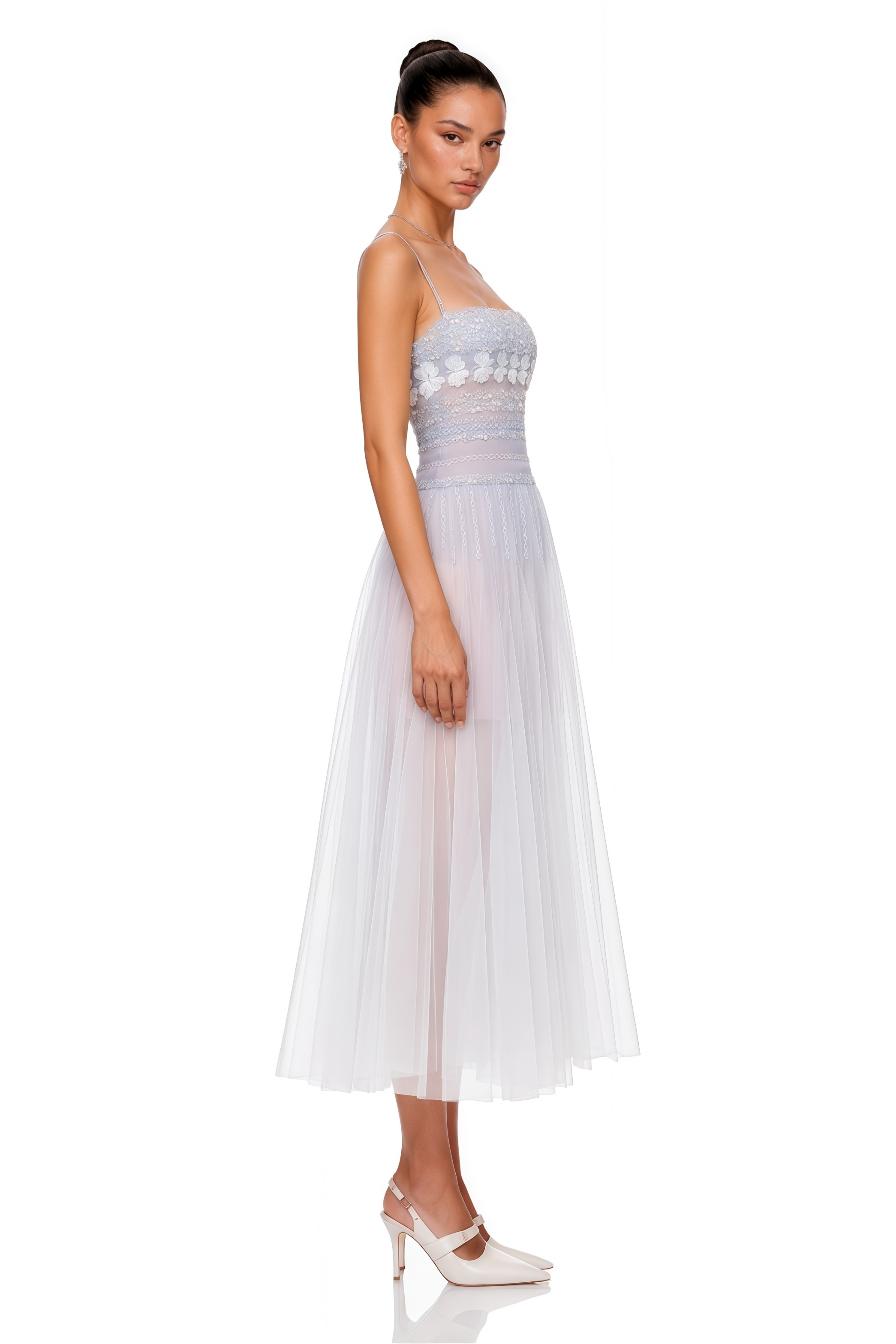 Drahomira Blue Pleated Midi Dress with 3D Florals