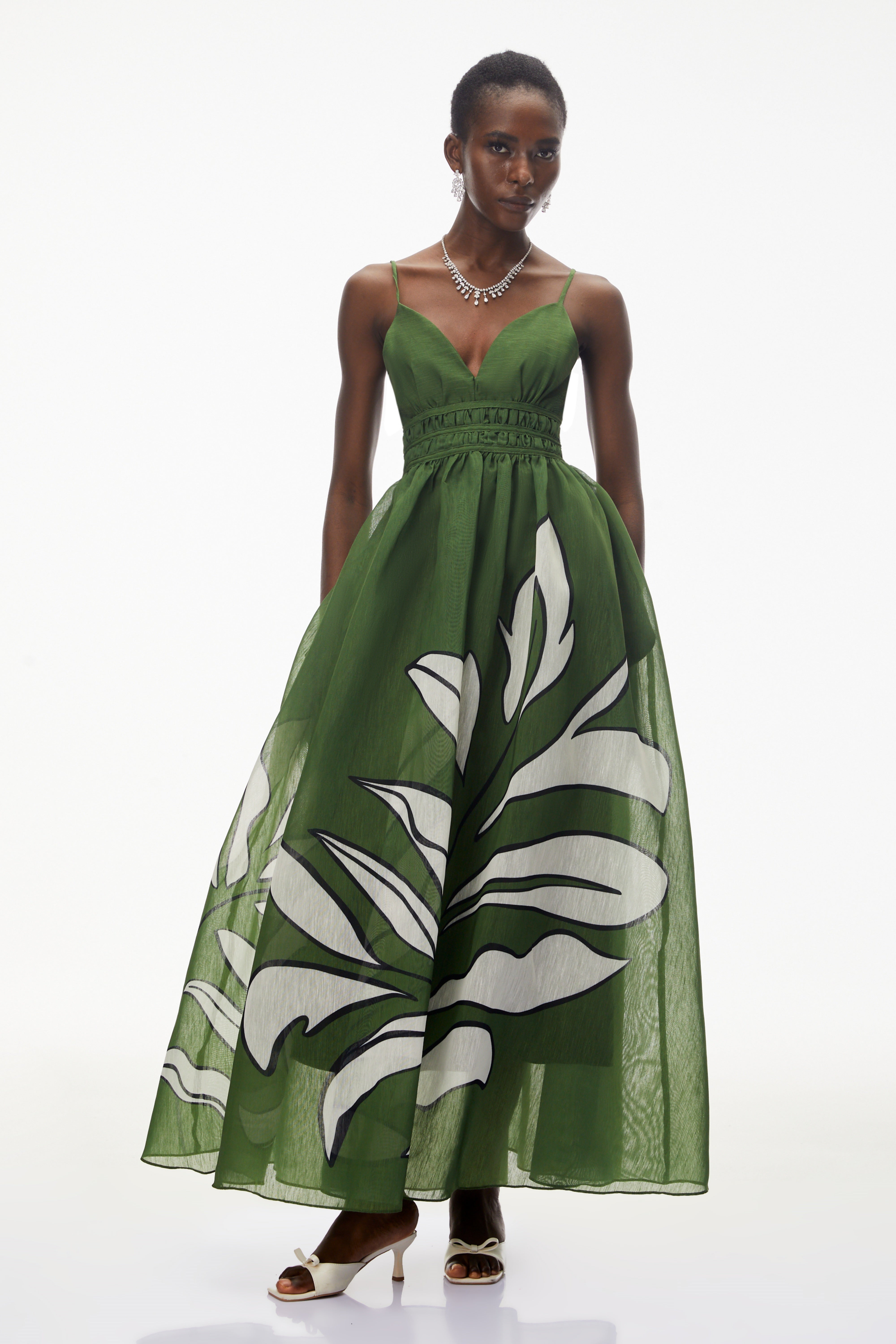 Dryope Emerald Green Plunge Neck Ruched Maxi Dress (Final Sale-US Only)