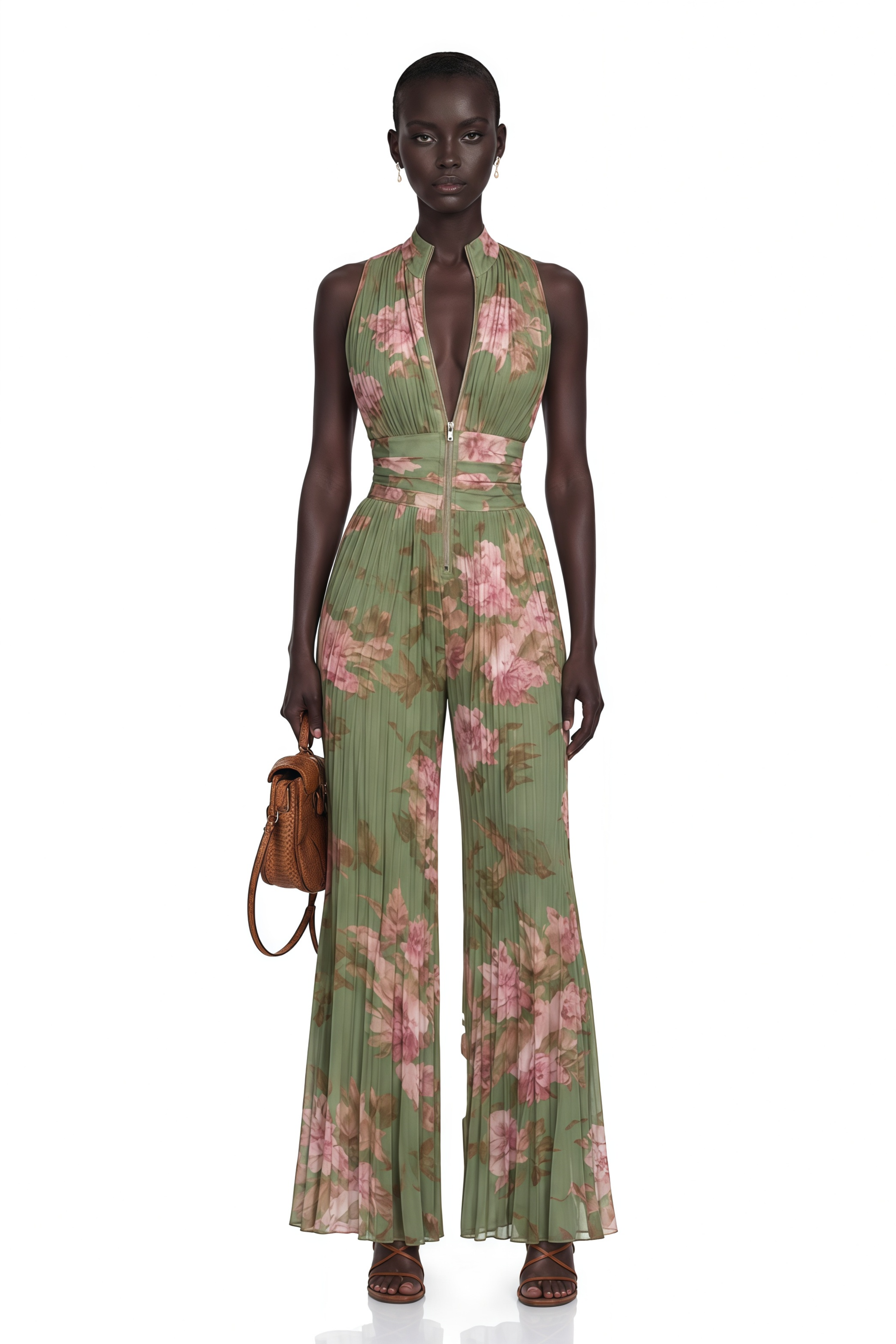Ecem Green Mock Neck Ruched Jumpsuit with Floral Print (Final Sale-US Only)