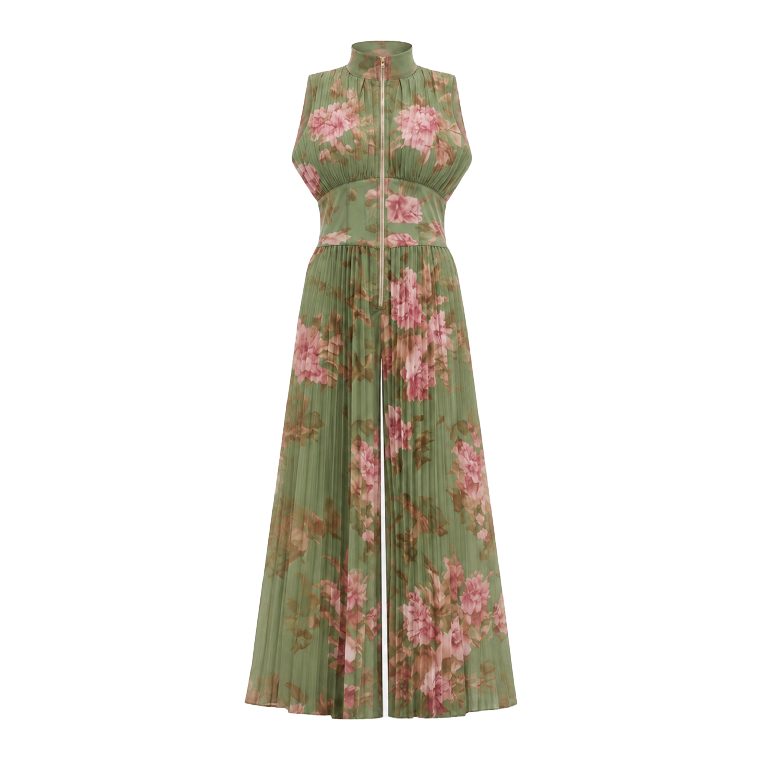 Ecem Green Mock Neck Ruched Jumpsuit with Floral Print (Final Sale-US Only)