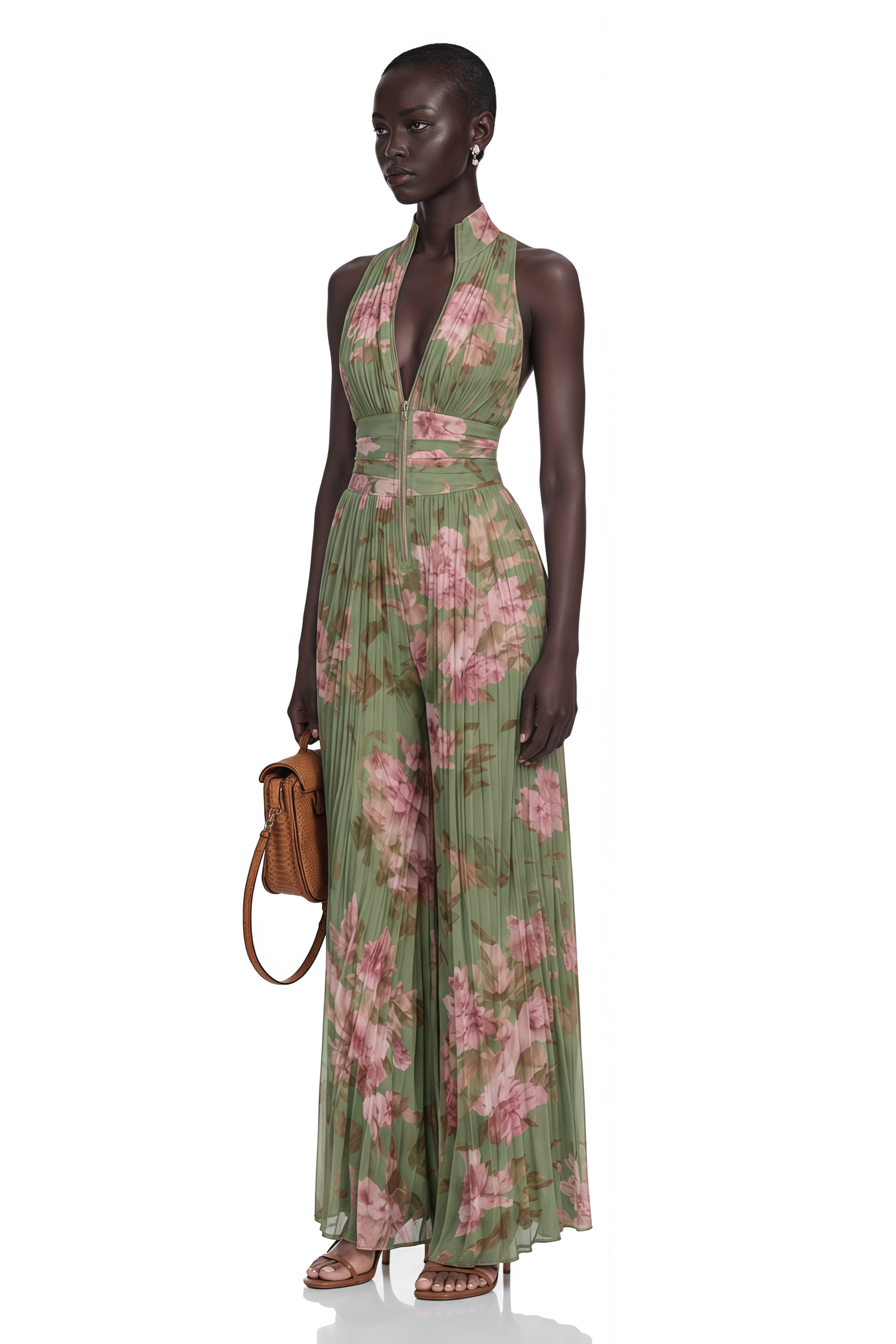 Ecem Green Mock Neck Ruched Jumpsuit with Floral Print (Final Sale-US Only)