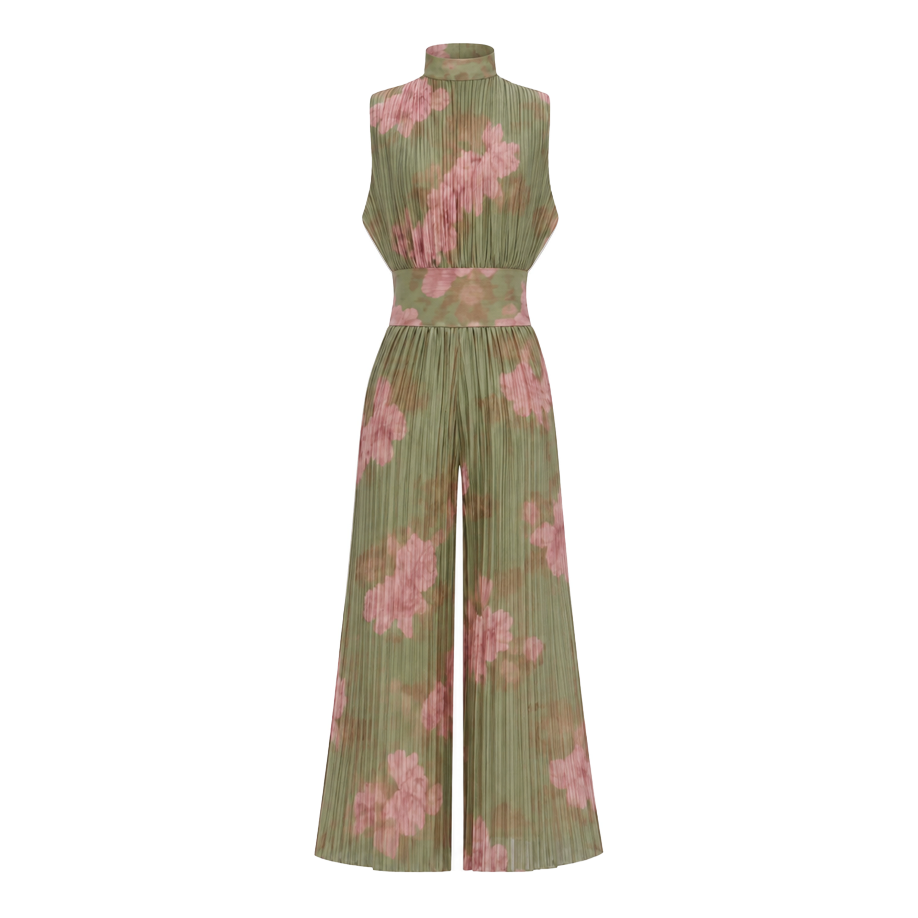 Ecem Green Mock Neck Ruched Jumpsuit with Floral Print (Final Sale-US Only)