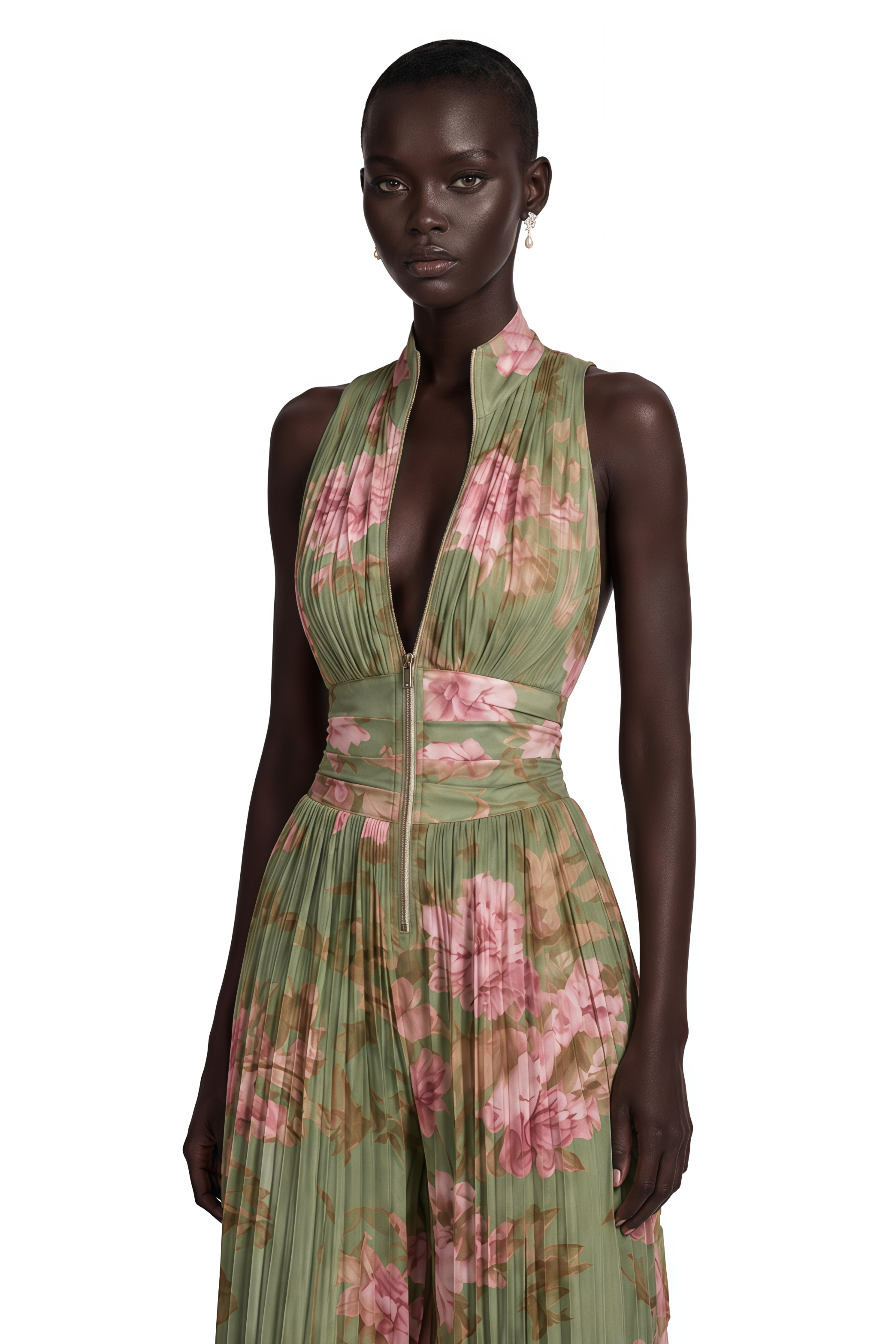Ecem Green Mock Neck Ruched Jumpsuit with Floral Print (Final Sale-US Only)