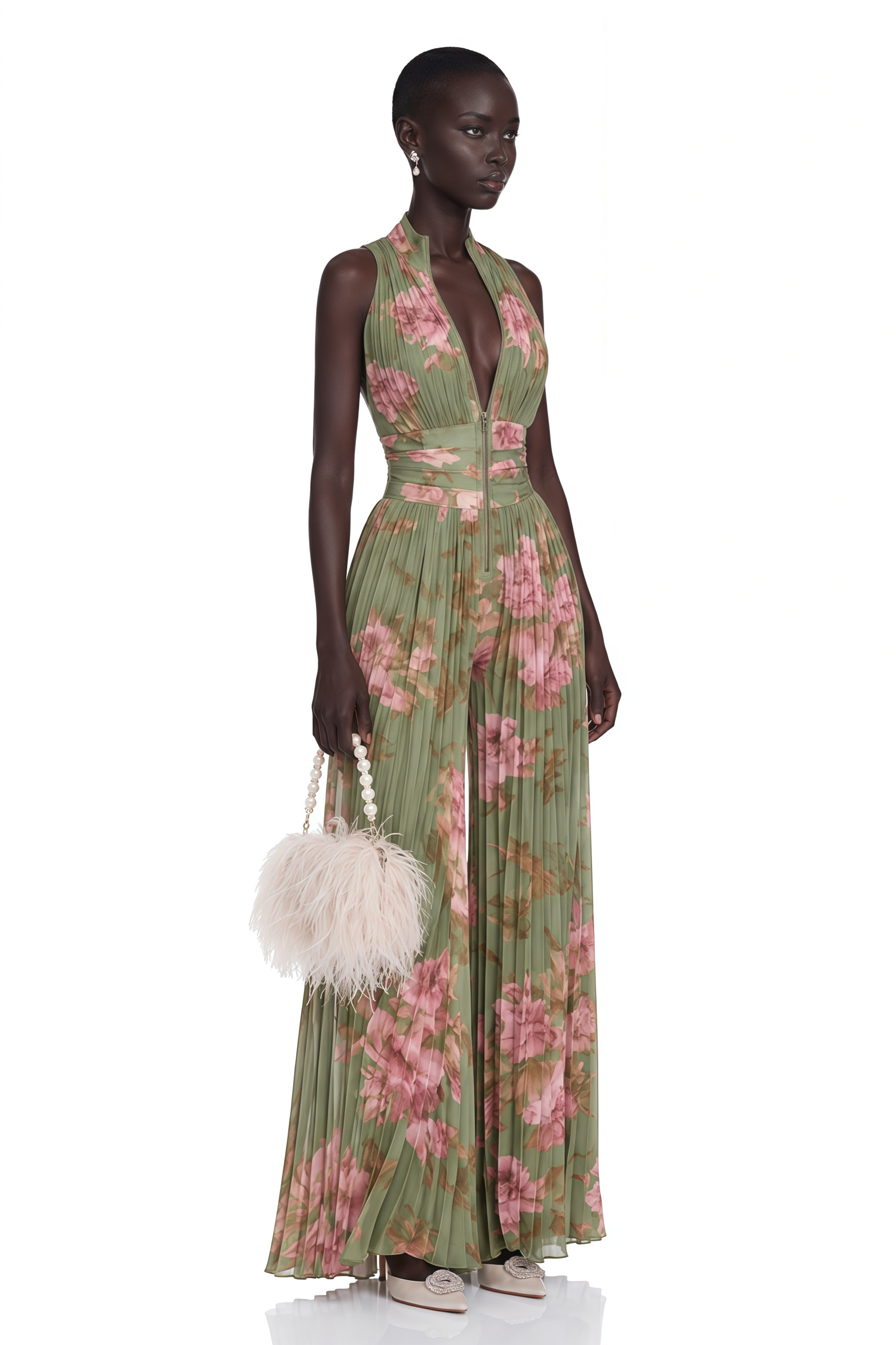 Ecem Green Mock Neck Ruched Jumpsuit with Floral Print (Final Sale-US Only)