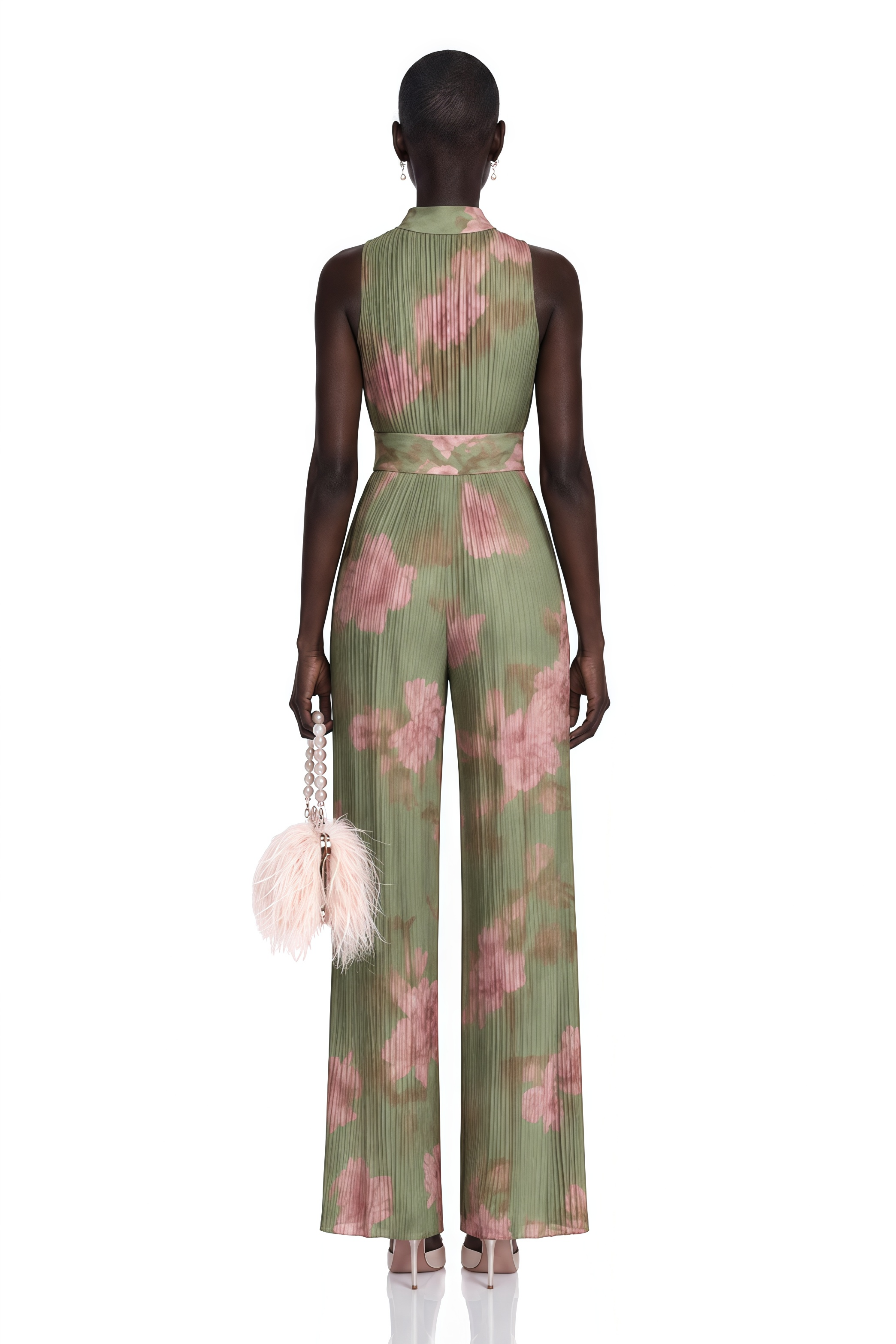 Ecem Green Mock Neck Ruched Jumpsuit with Floral Print (Final Sale-US Only)
