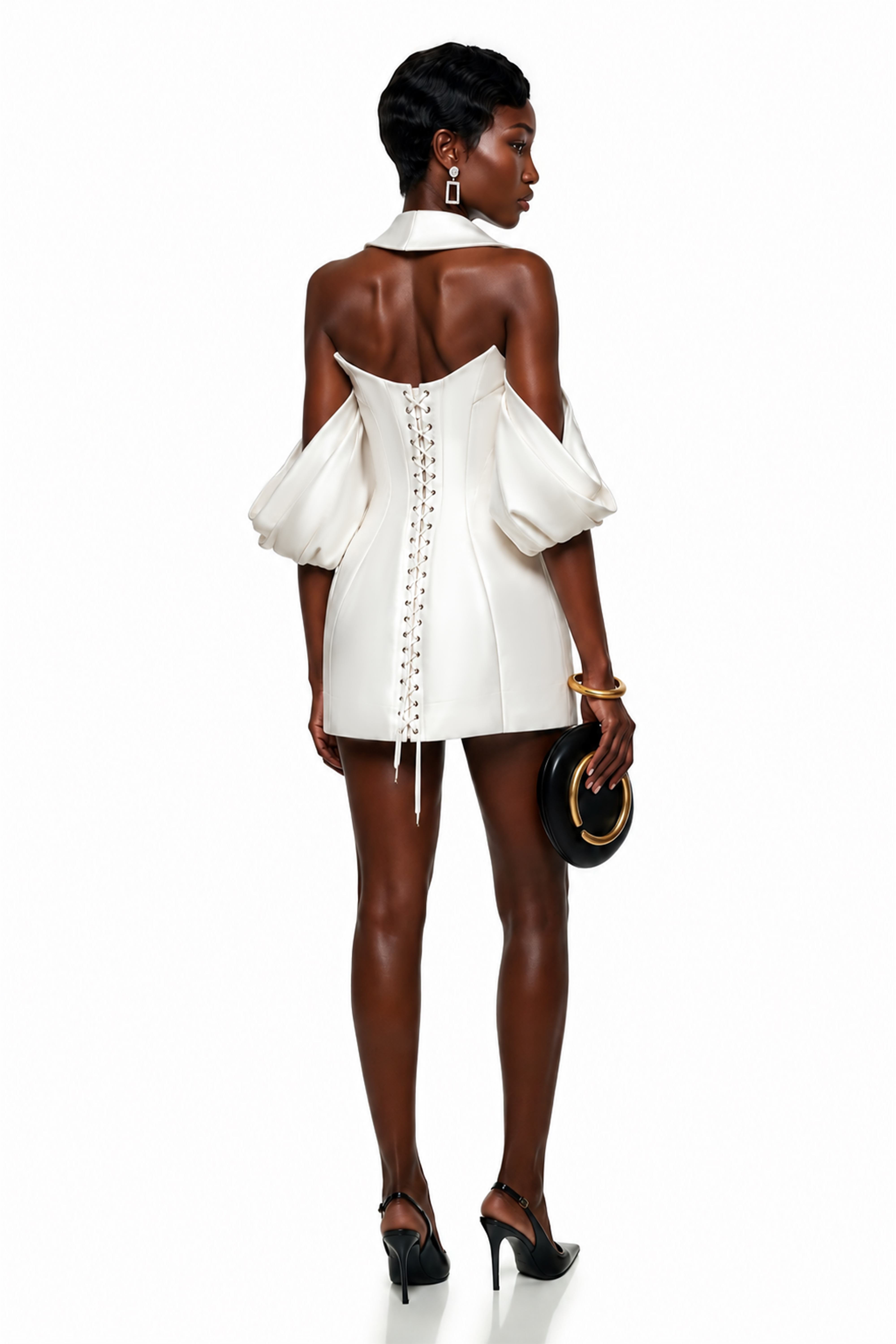 White satin halter mini blazer dress with a double-breasted front and detached off-the-shoulder statement sleeves