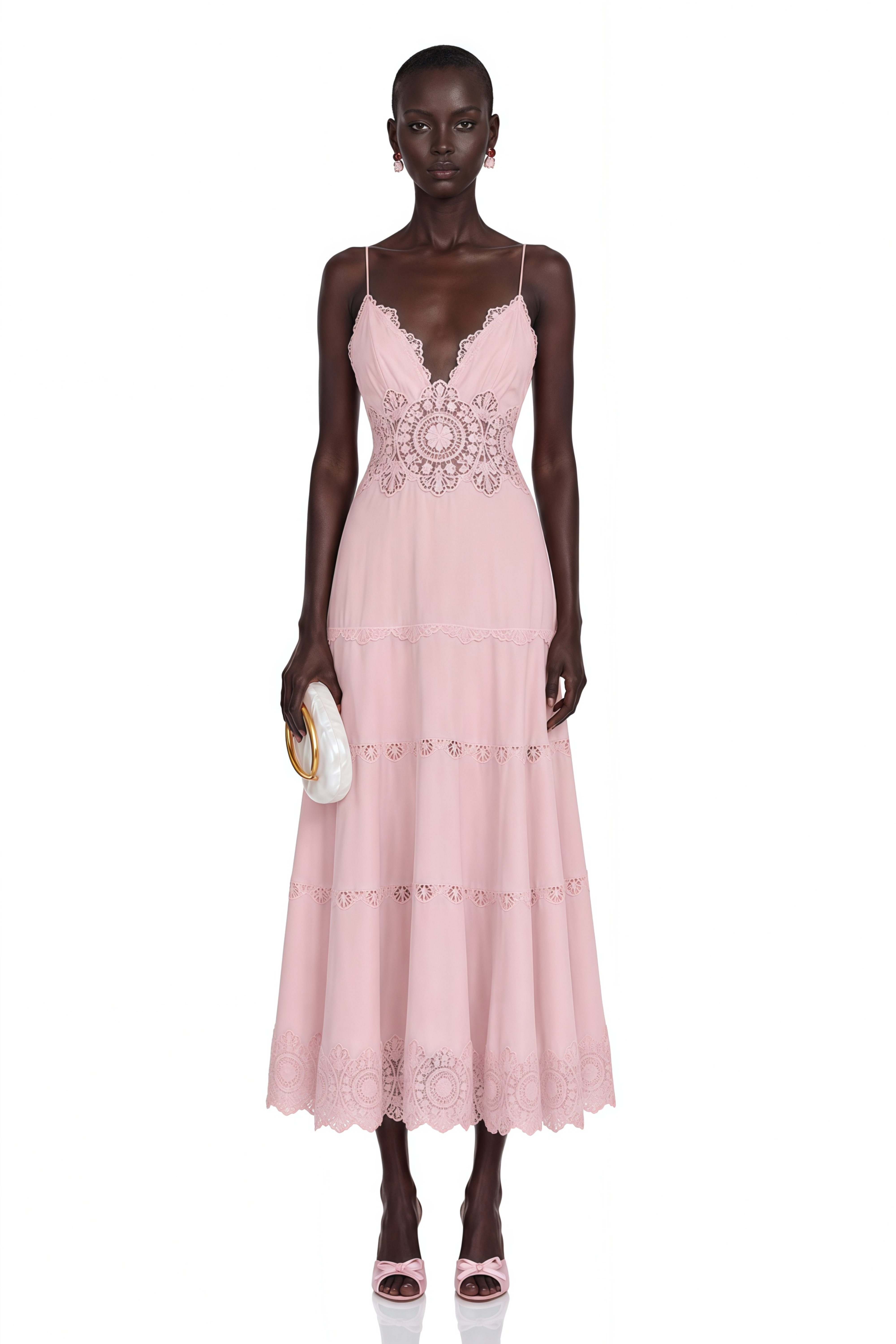 Light pink slip midi dress with intricate lace panels