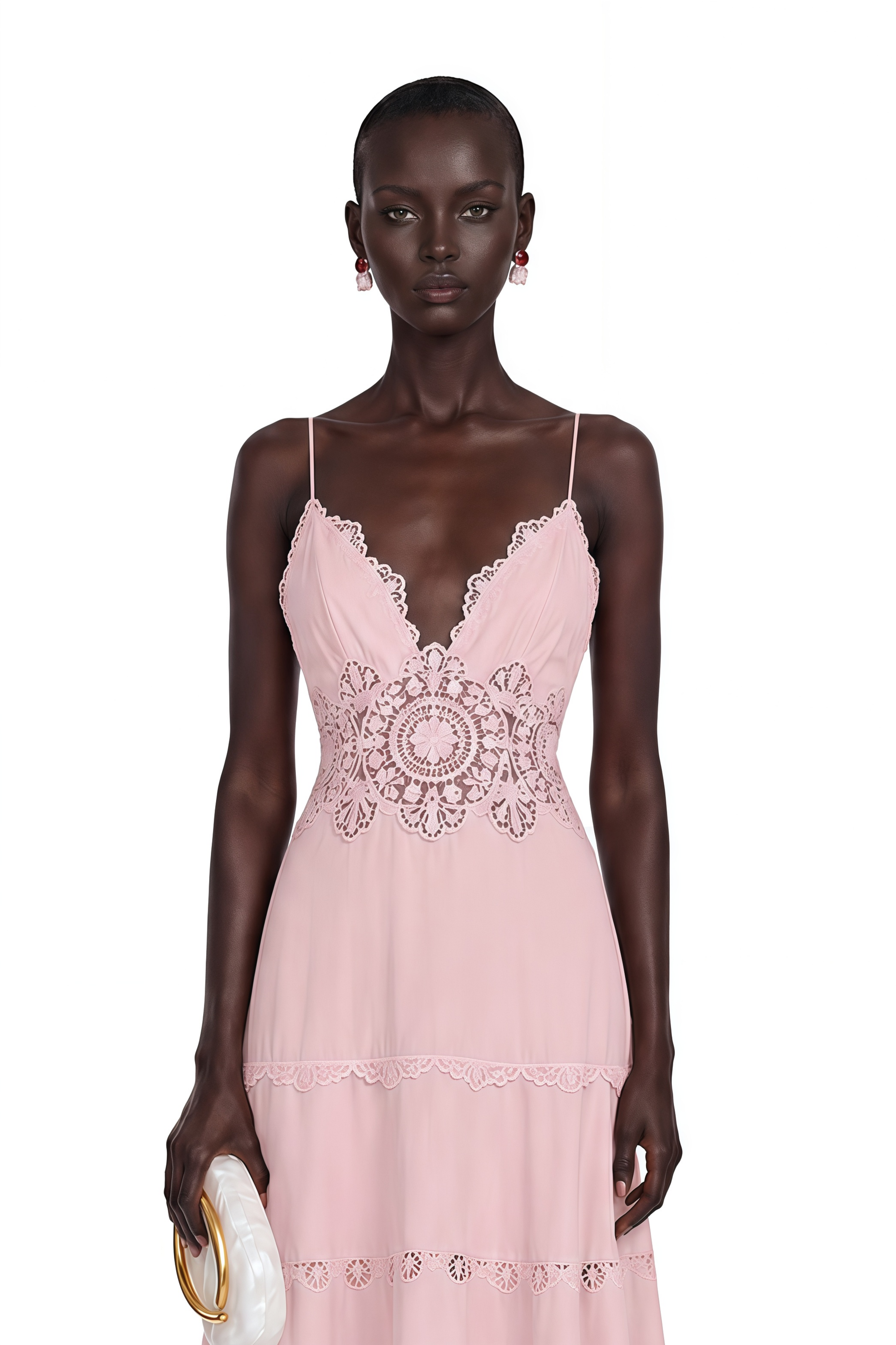 Light pink slip midi dress with intricate lace panels