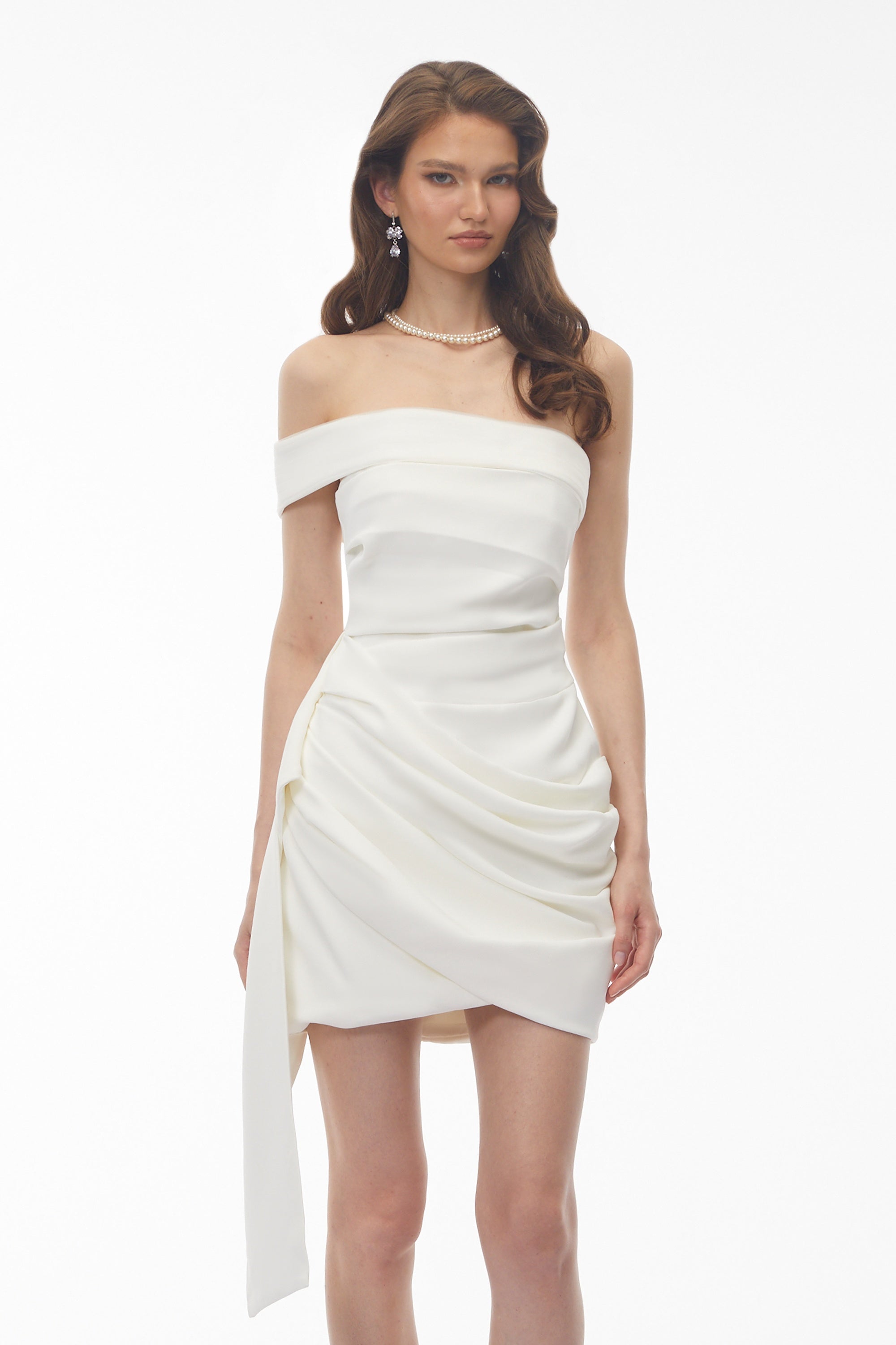 Edith White Off Shoulder Ruched Mini Dress with Ribbon Detail (Final Sale)