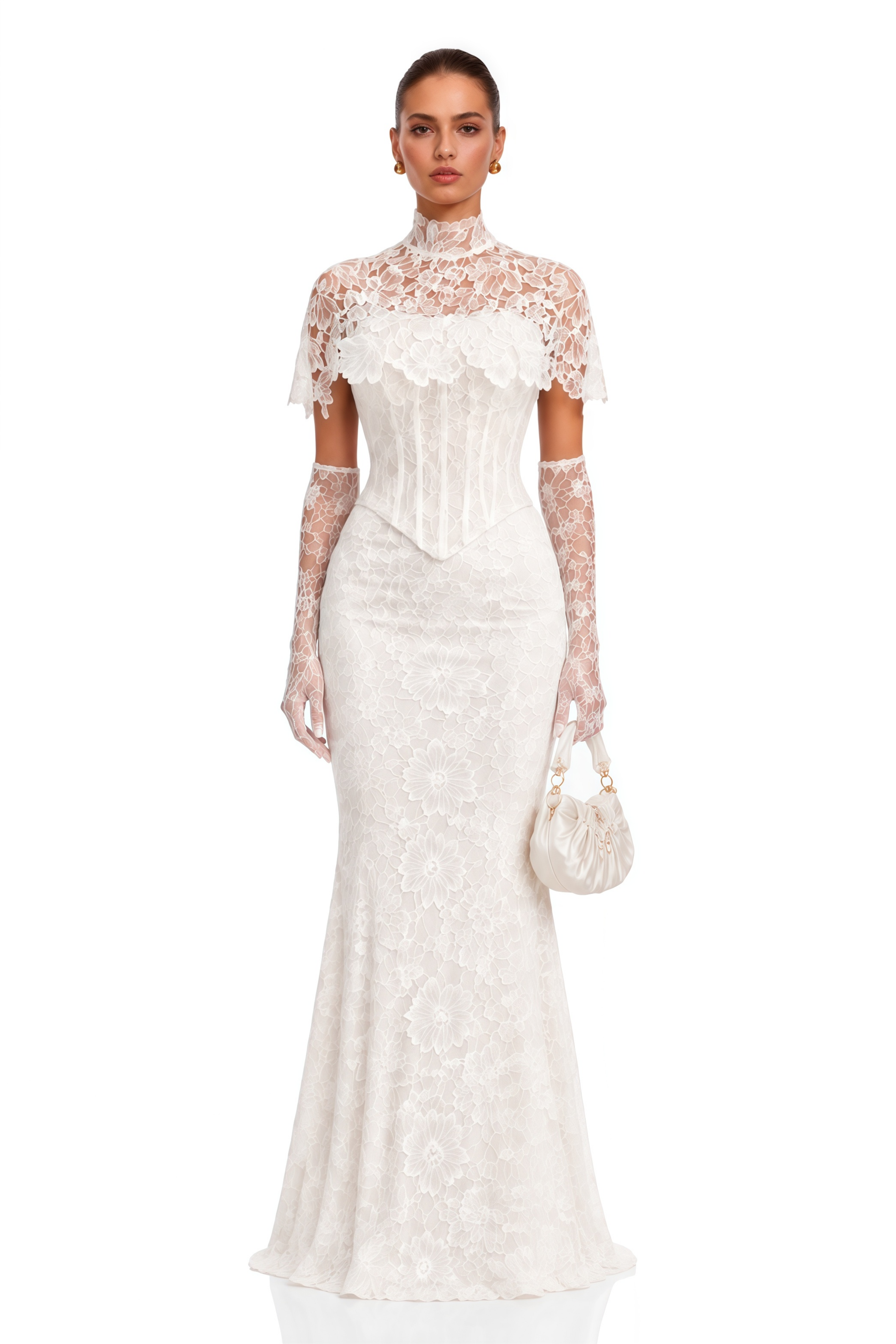 Eirian White High Neck Lace Maxi Dress with Cape Sleeves