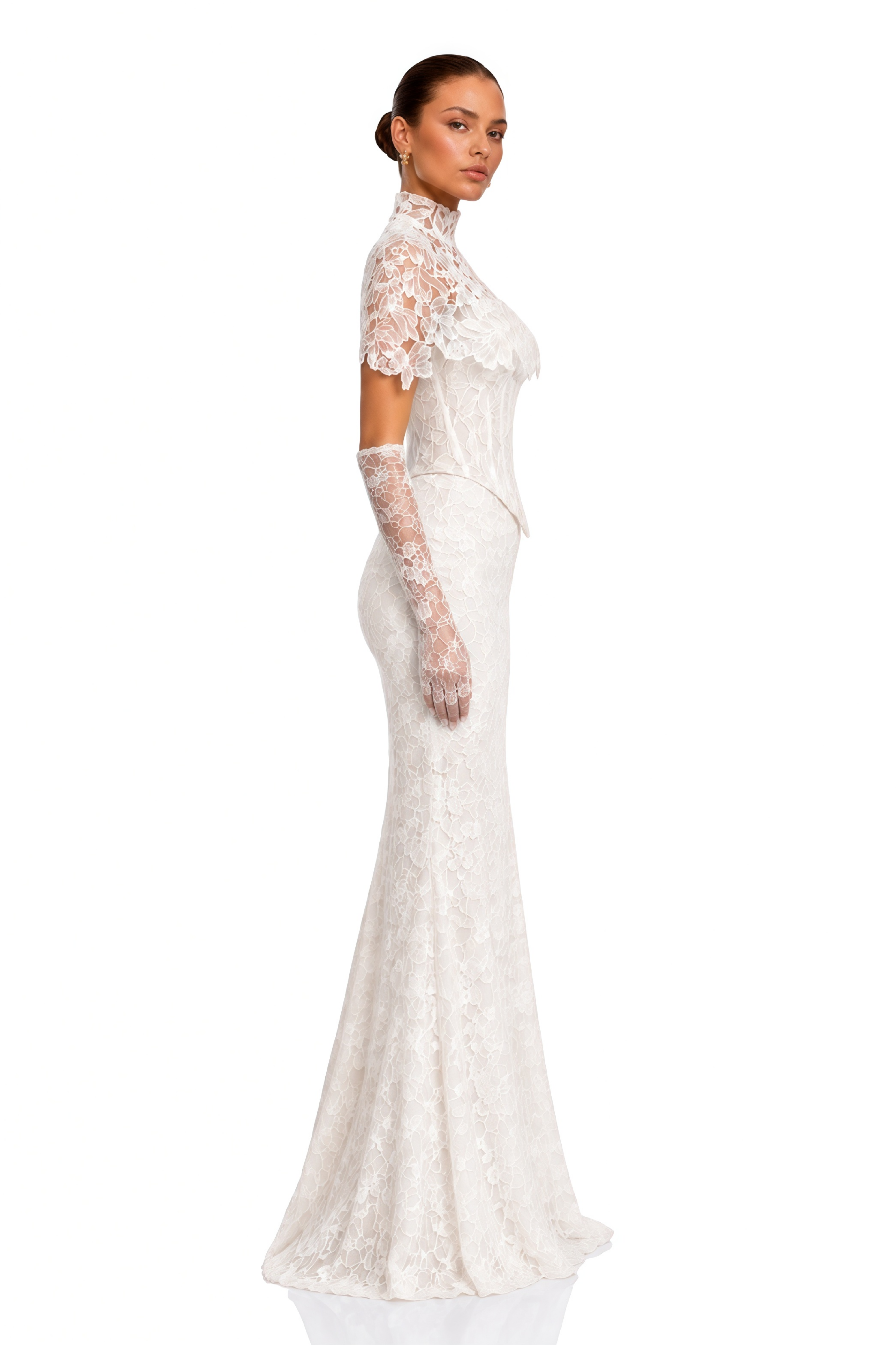 Eirian White High Neck Lace Maxi Dress with Cape Sleeves
