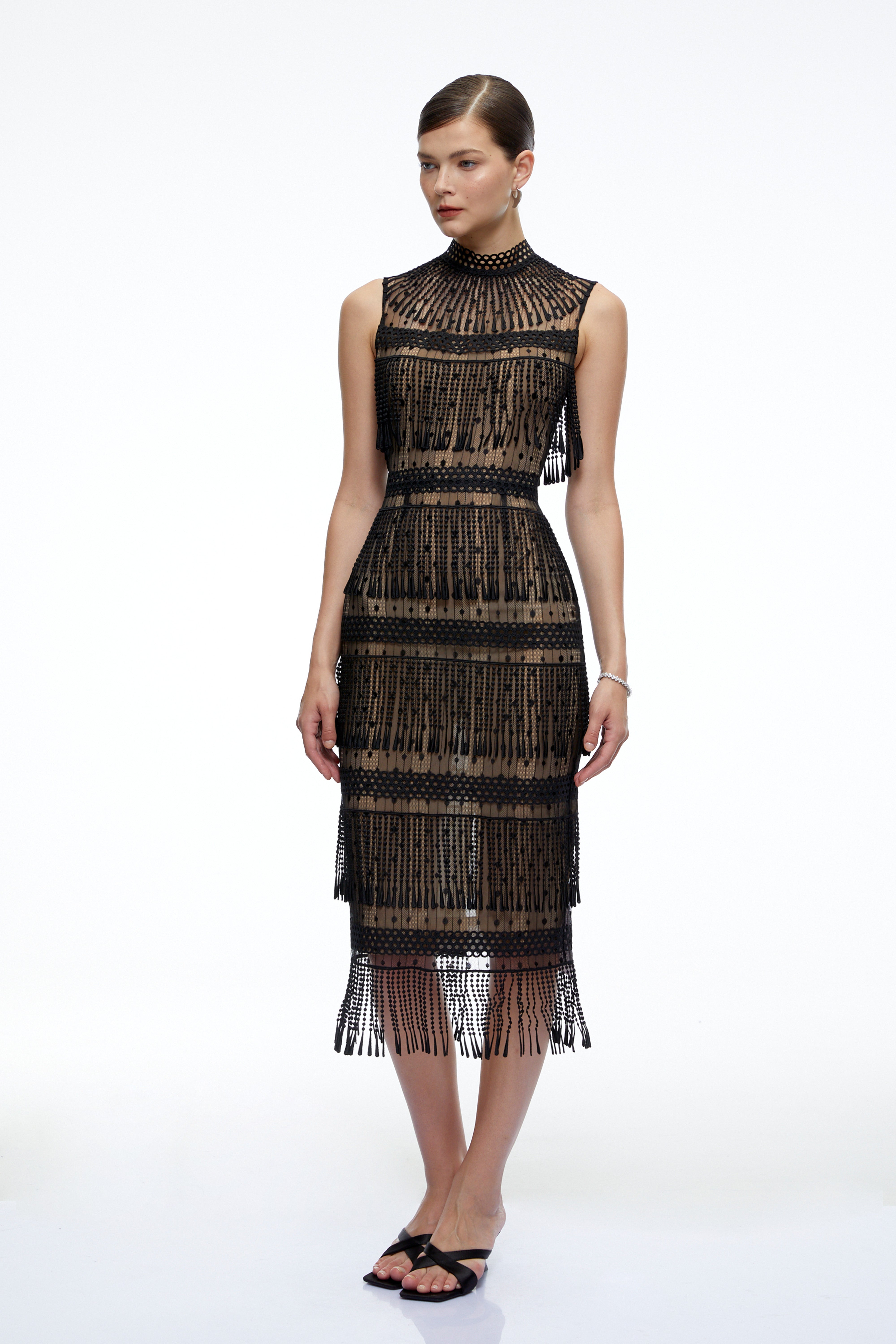 Eleanor Black Crochet High Neck Midi Dress With Fringe
