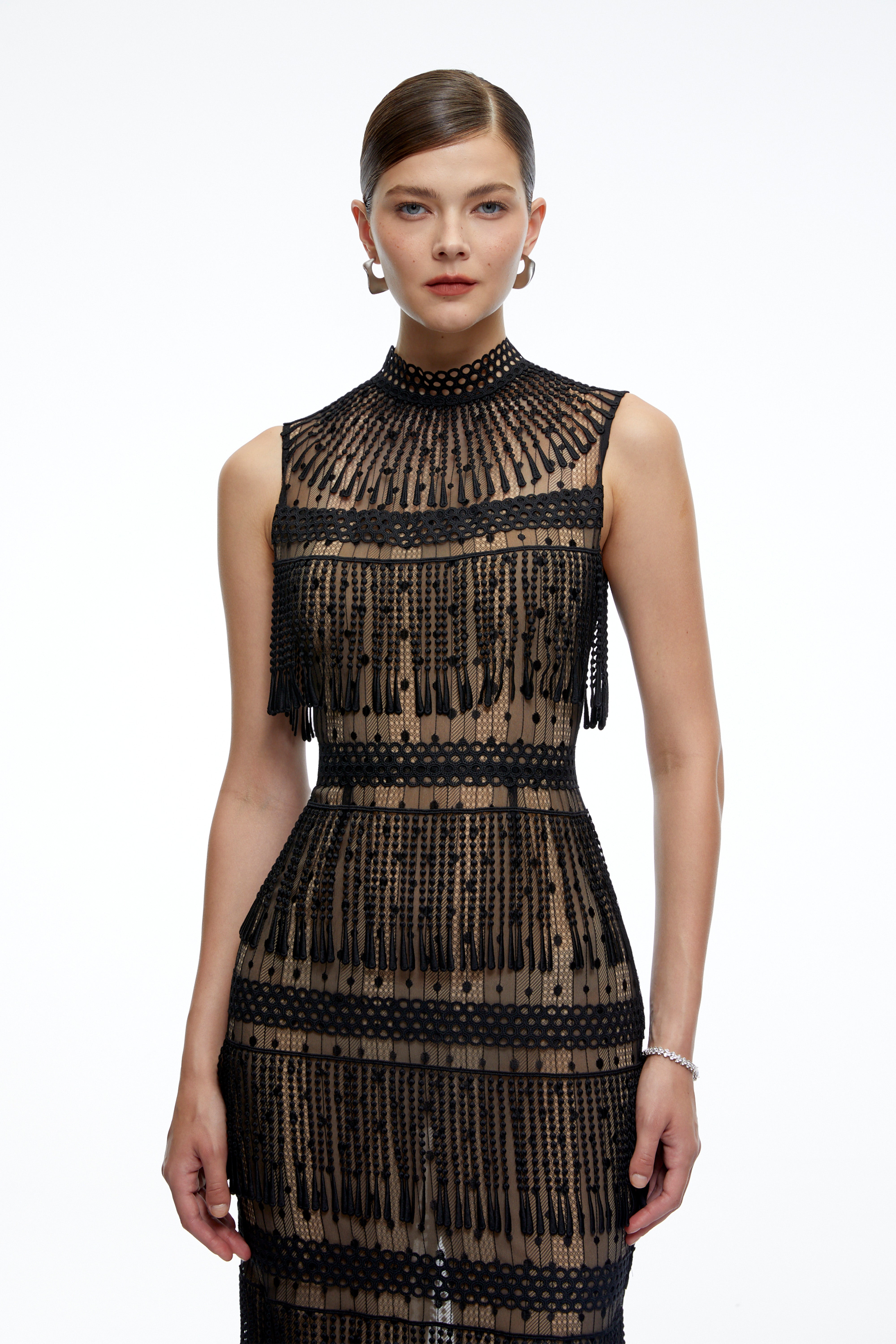 Eleanor Black Crochet High Neck Midi Dress With Fringe