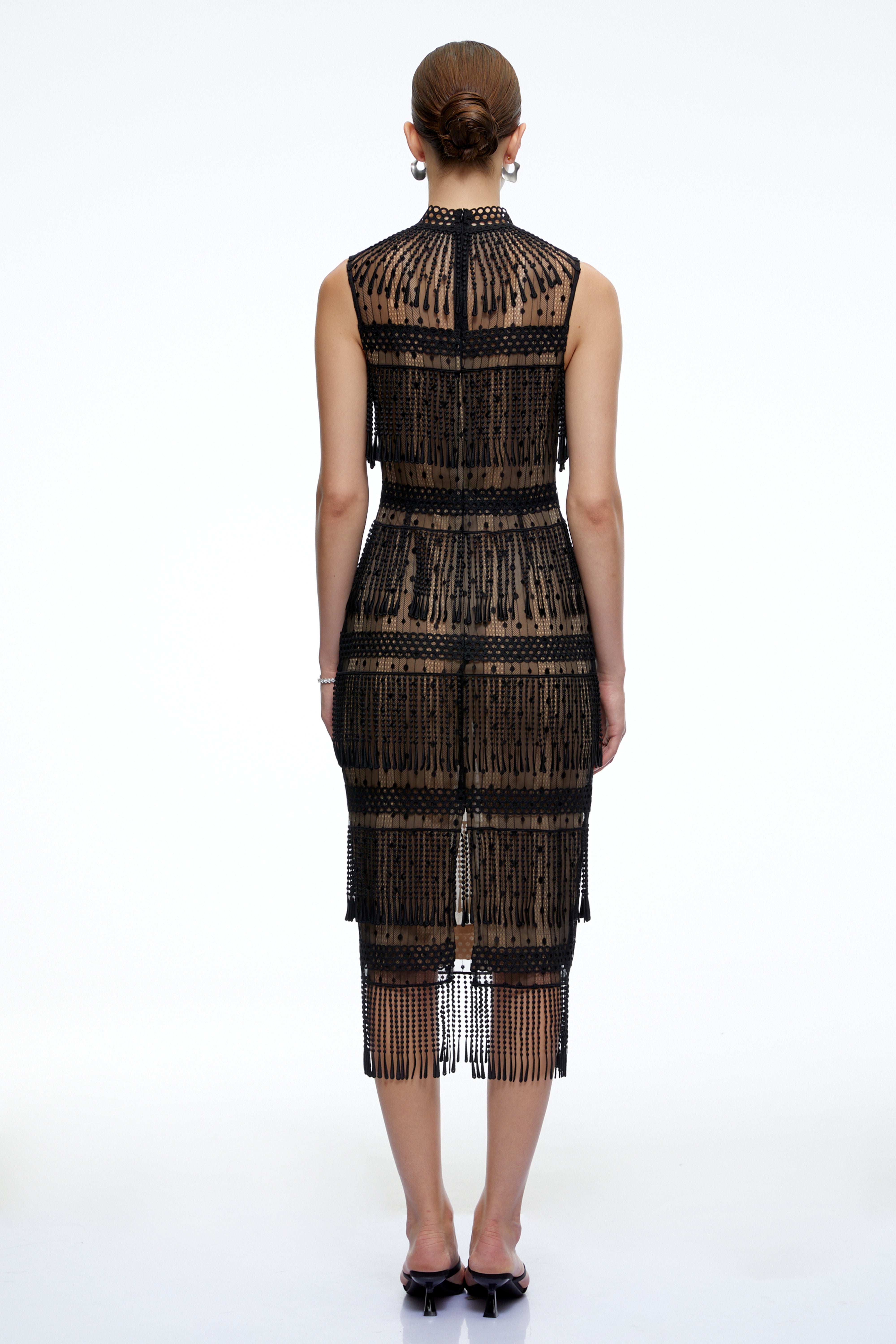 Eleanor Black Crochet High Neck Midi Dress With Fringe
