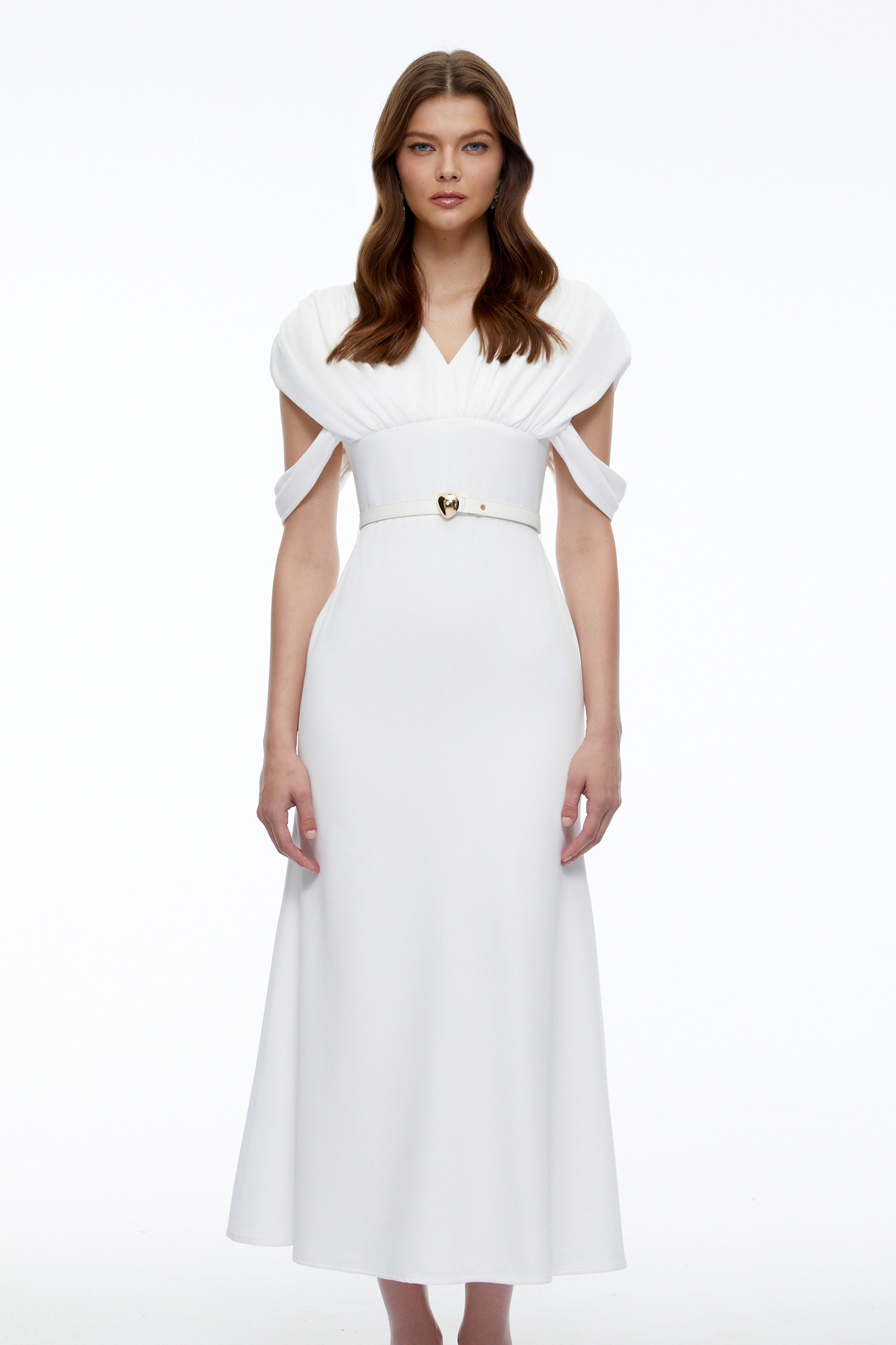 Eleanor White V-Neck Midi Dress with Cape Sleeves