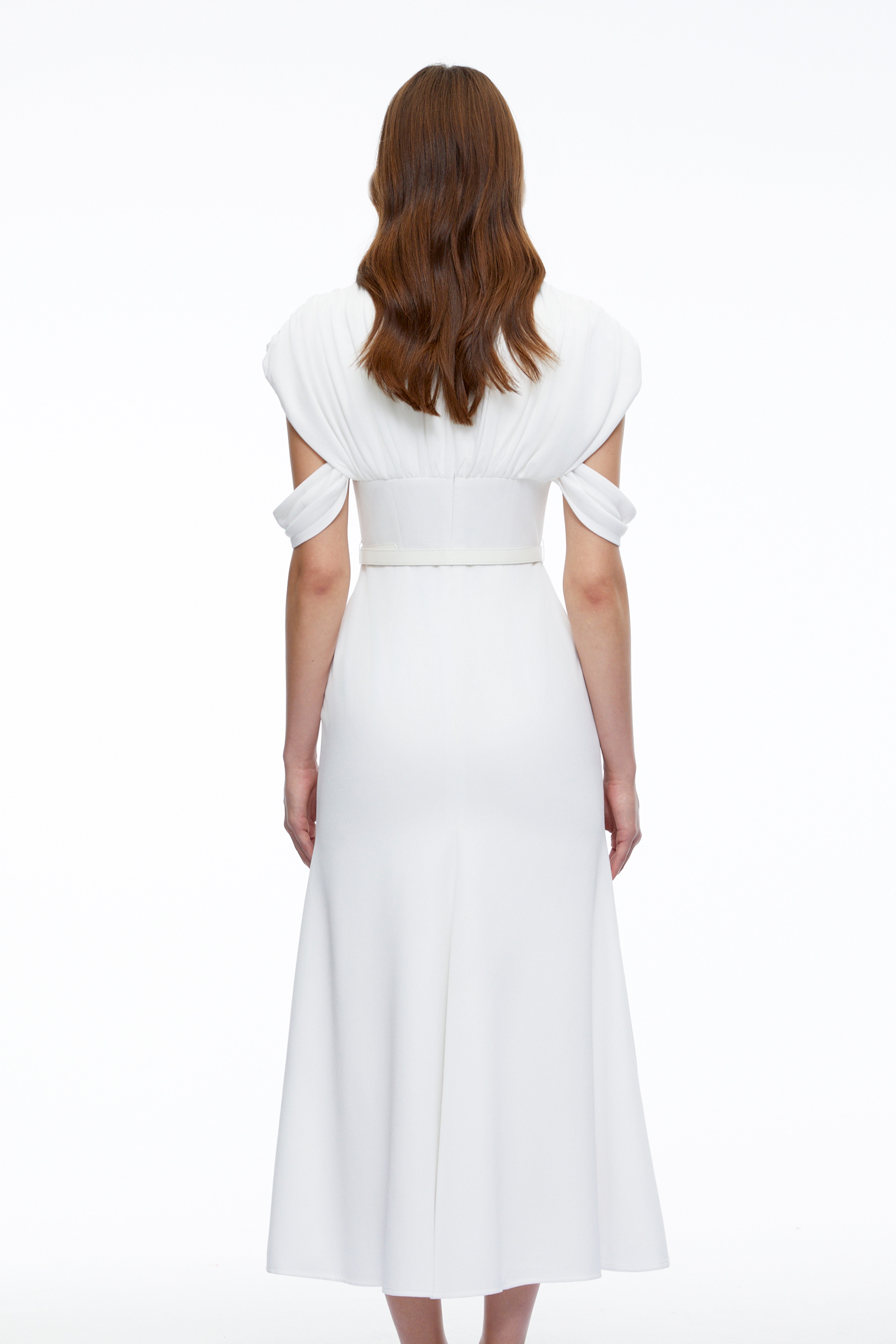 Eleanor White V-Neck Midi Dress with Cape Sleeves
