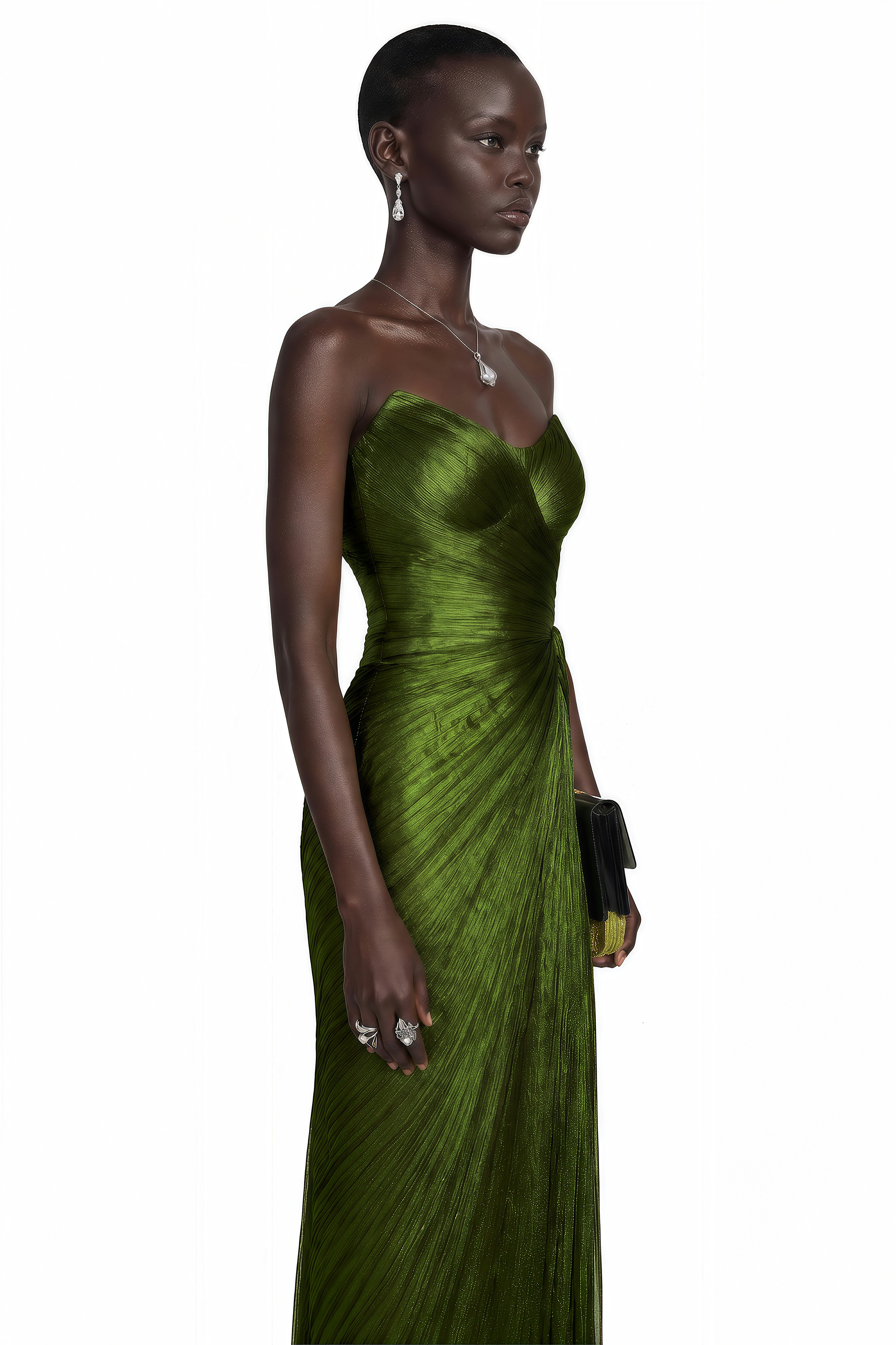Olive green strapless gown with a metallic finish and draped pleat detailing