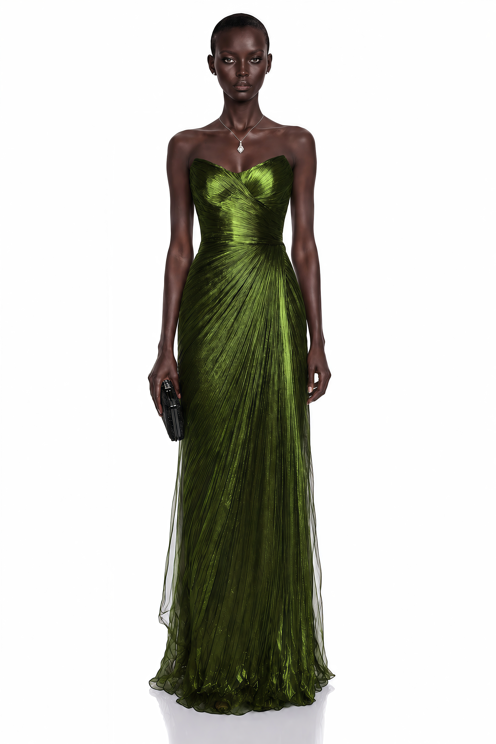 Olive green strapless gown with a metallic finish and draped pleat detailing