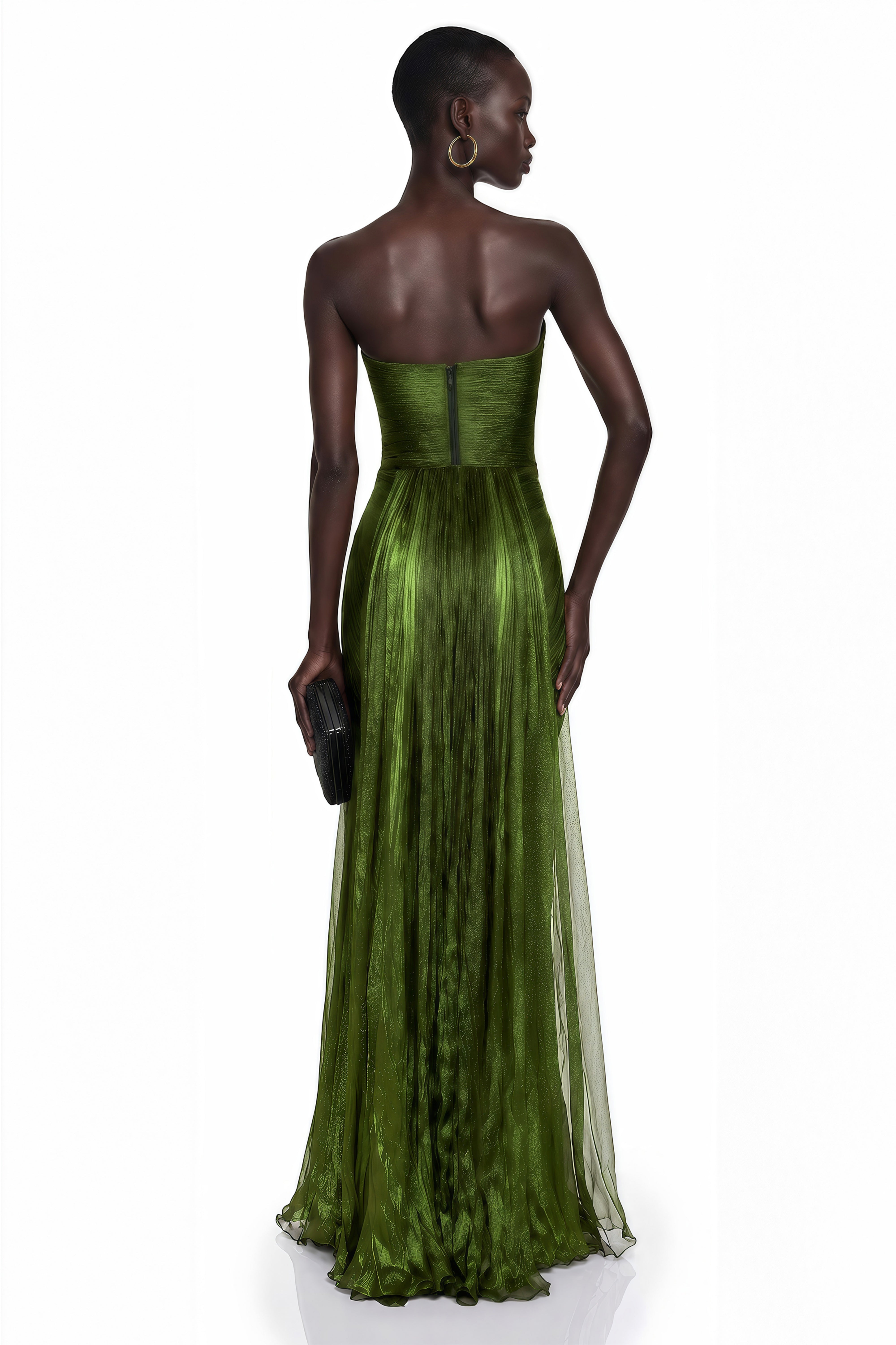 Olive green strapless gown with a metallic finish and draped pleat detailing