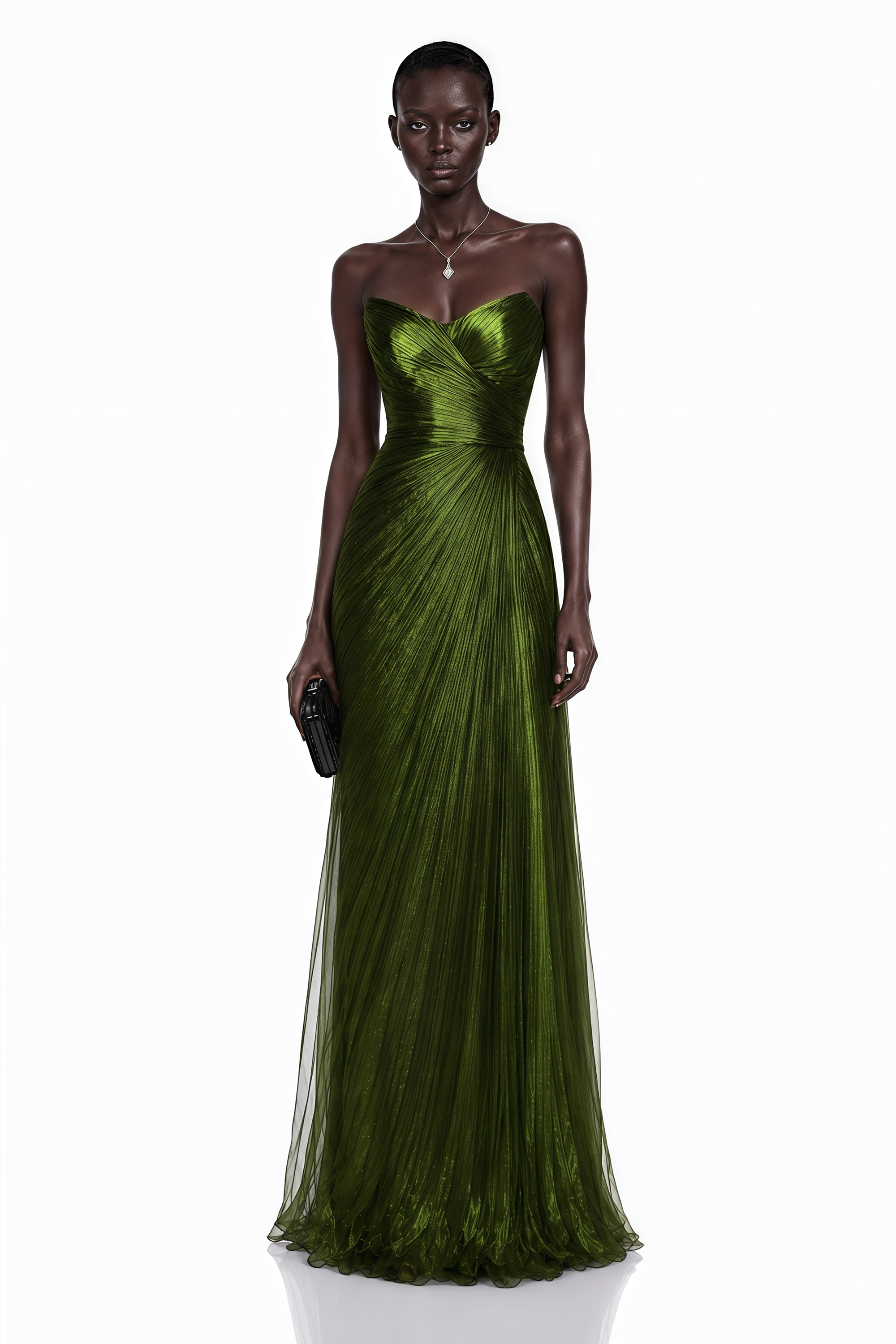 Olive green strapless gown with a metallic finish and draped pleat detailing