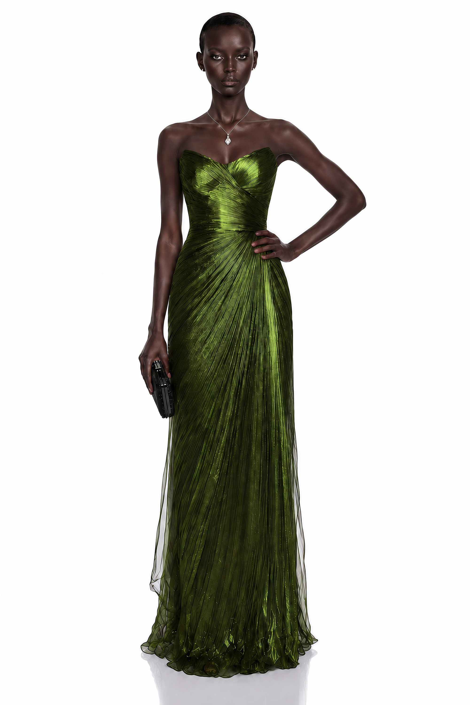 Olive green strapless gown with a metallic finish and draped pleat detailing