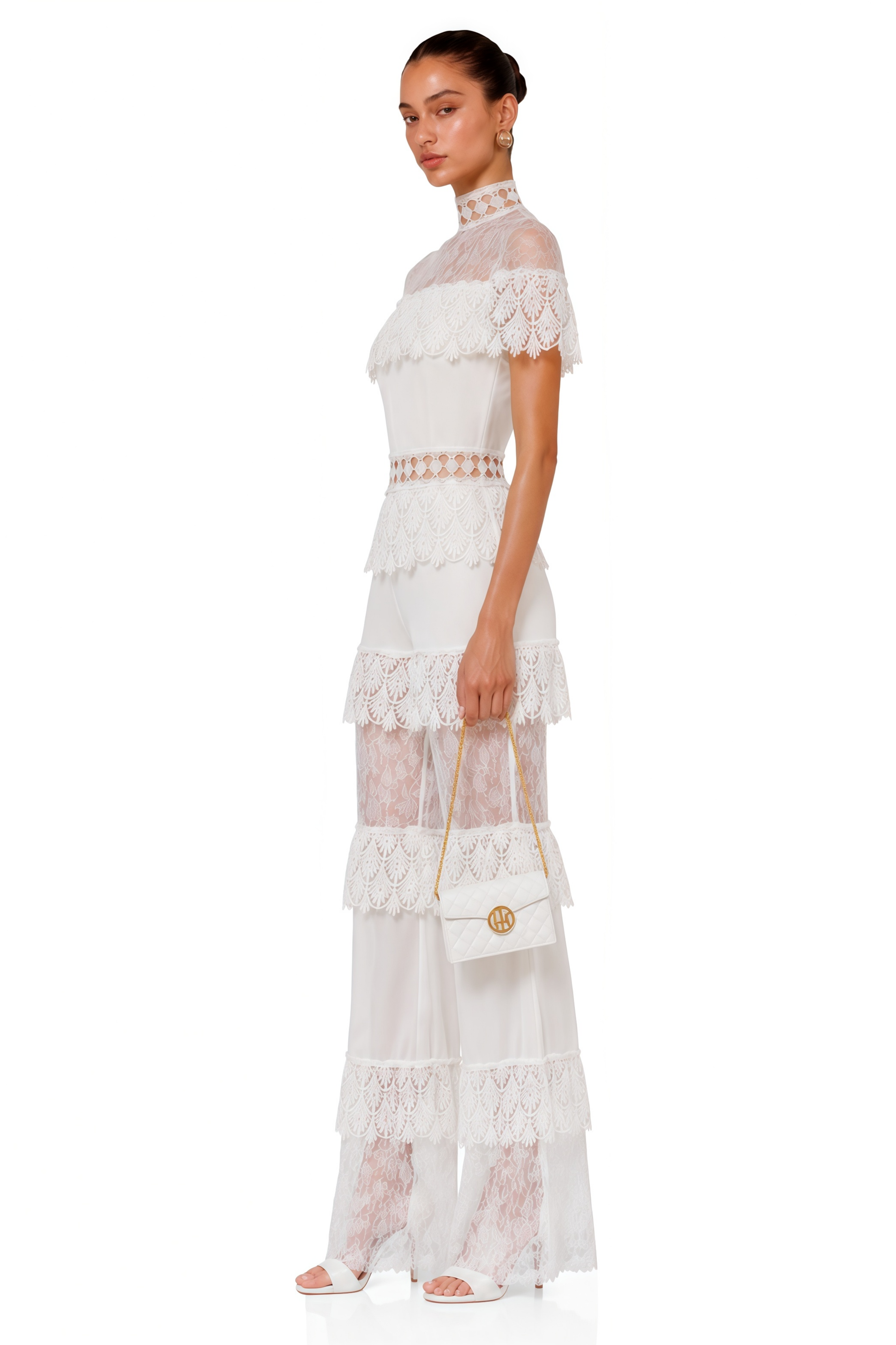 Eliska White Lace High Neck Tiered Jumpsuit
